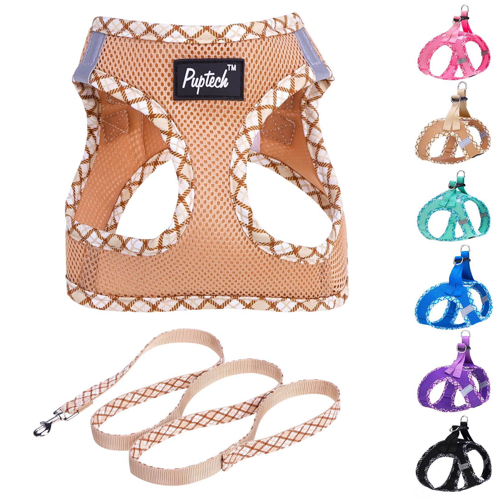 Pupteck Dog Harness And Leash Set For Small Medium Dogs No Pull Step-In Soft Mesh Puppy Cat Vest Harnesses Reflective At Night, Beige S