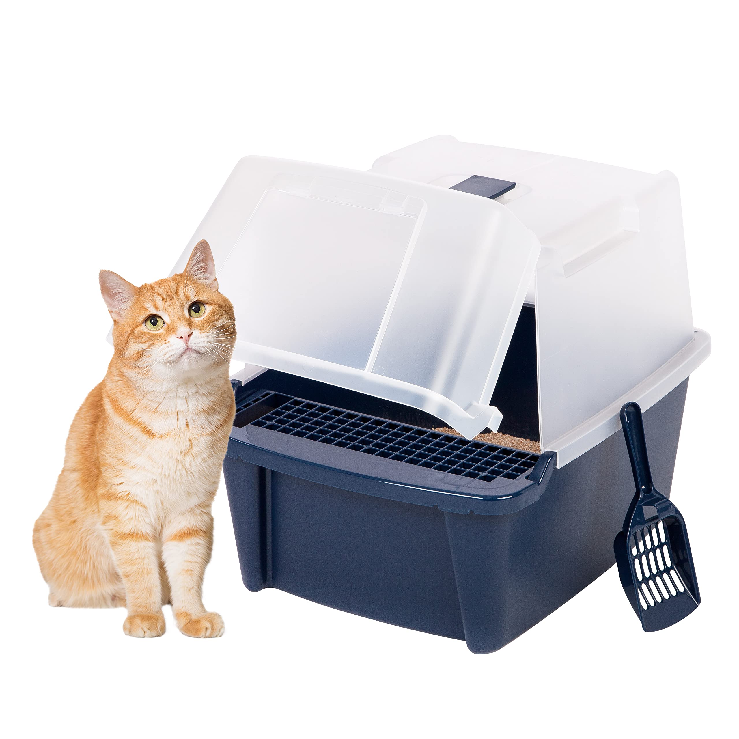 Iris Usa Cat Litter Box, Litter Box Enclosure With Scoop, Split Hood And Front Door Flap, Covered Kitty Litter Box For Privacy, Portable, Easy To Clean, Navy