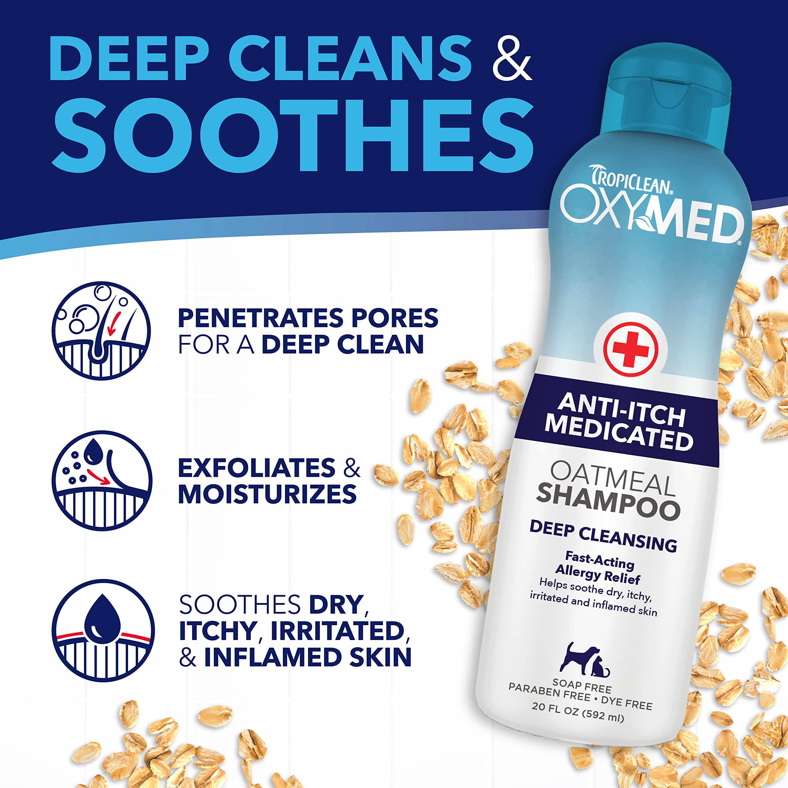 TropiClean OxyMed Dog Shampoo for Allergies and Itching, Medicated Oatmeal Shampoo for Dry Itchy Skin, Seborrhea, & Hot Spots, C