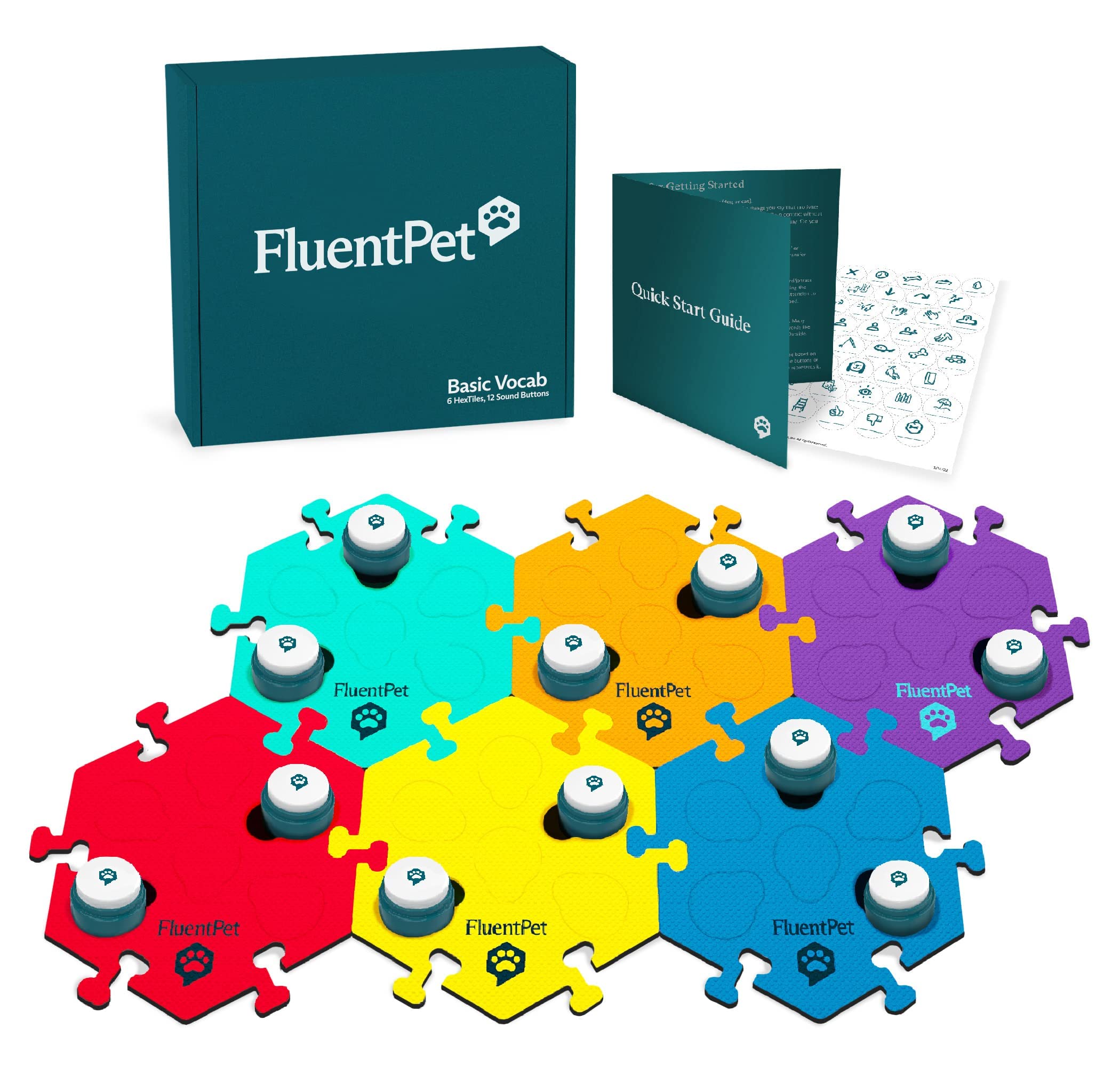 FluentPet Basic Vocab Kit - 12 Recordable Buttons & 6 HexTiles for Dog & Cat Communication - Customizable Talking Button Set