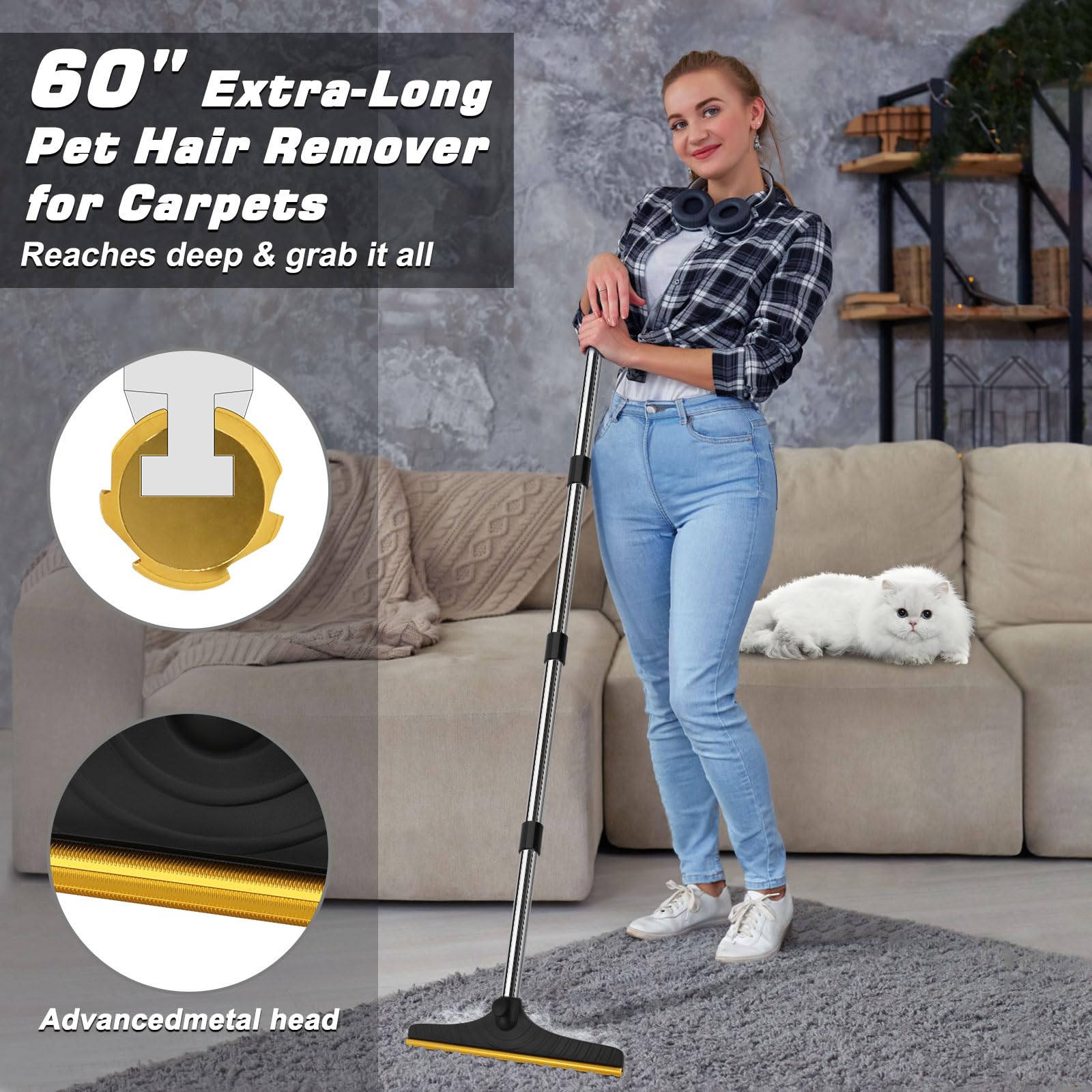 B-Land Carpet Rake for Pet Hair Removal, Reusable Pet Hair Remover with 60    Adjustable Long Handle, Carpet Scraper Dog Cat Hai
