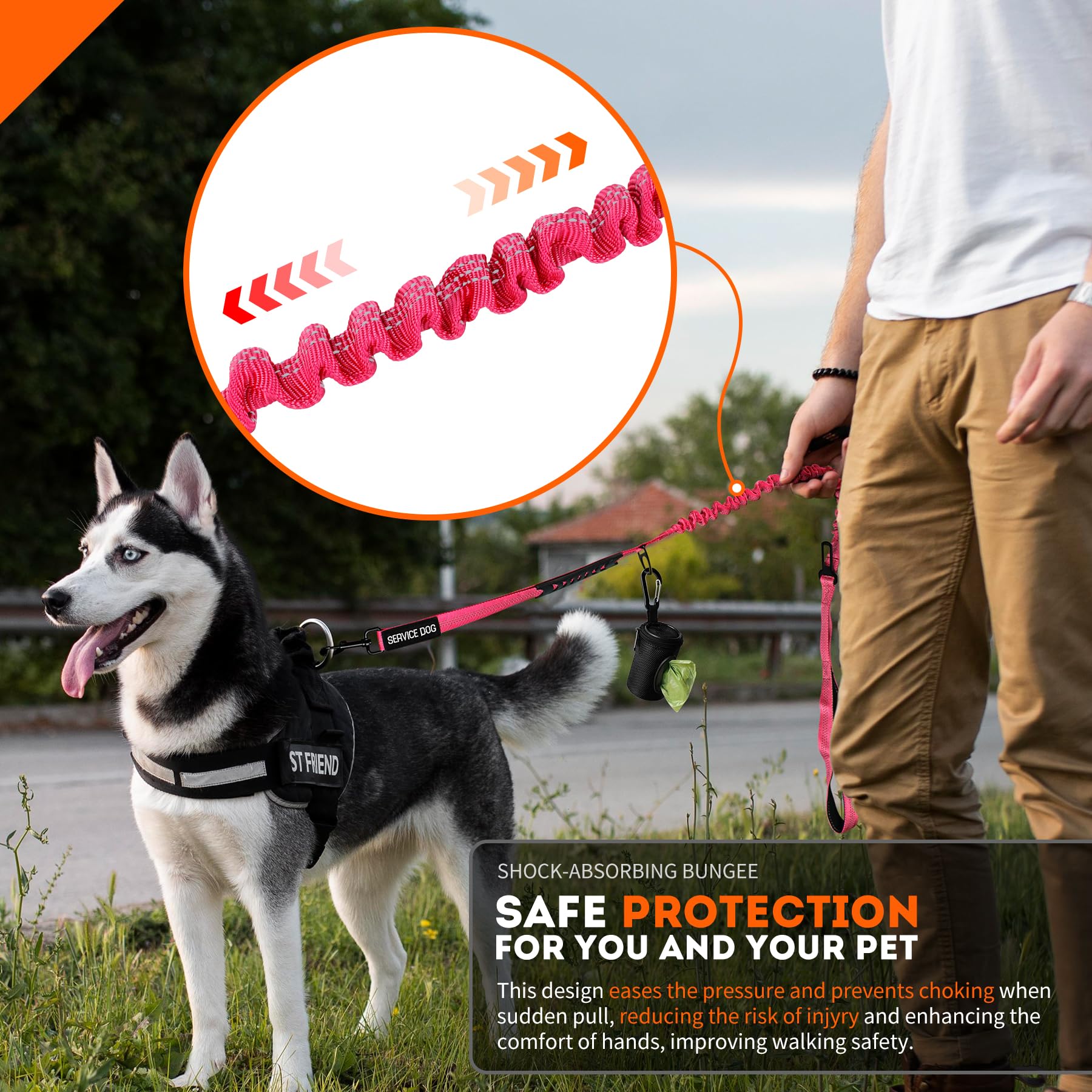 Ironseals 5.2-6 Ft Retractable Reflective Dog Leash Strong Bungee Shock Absorbing Dog Leash With Car Seatbelt And Double Padded