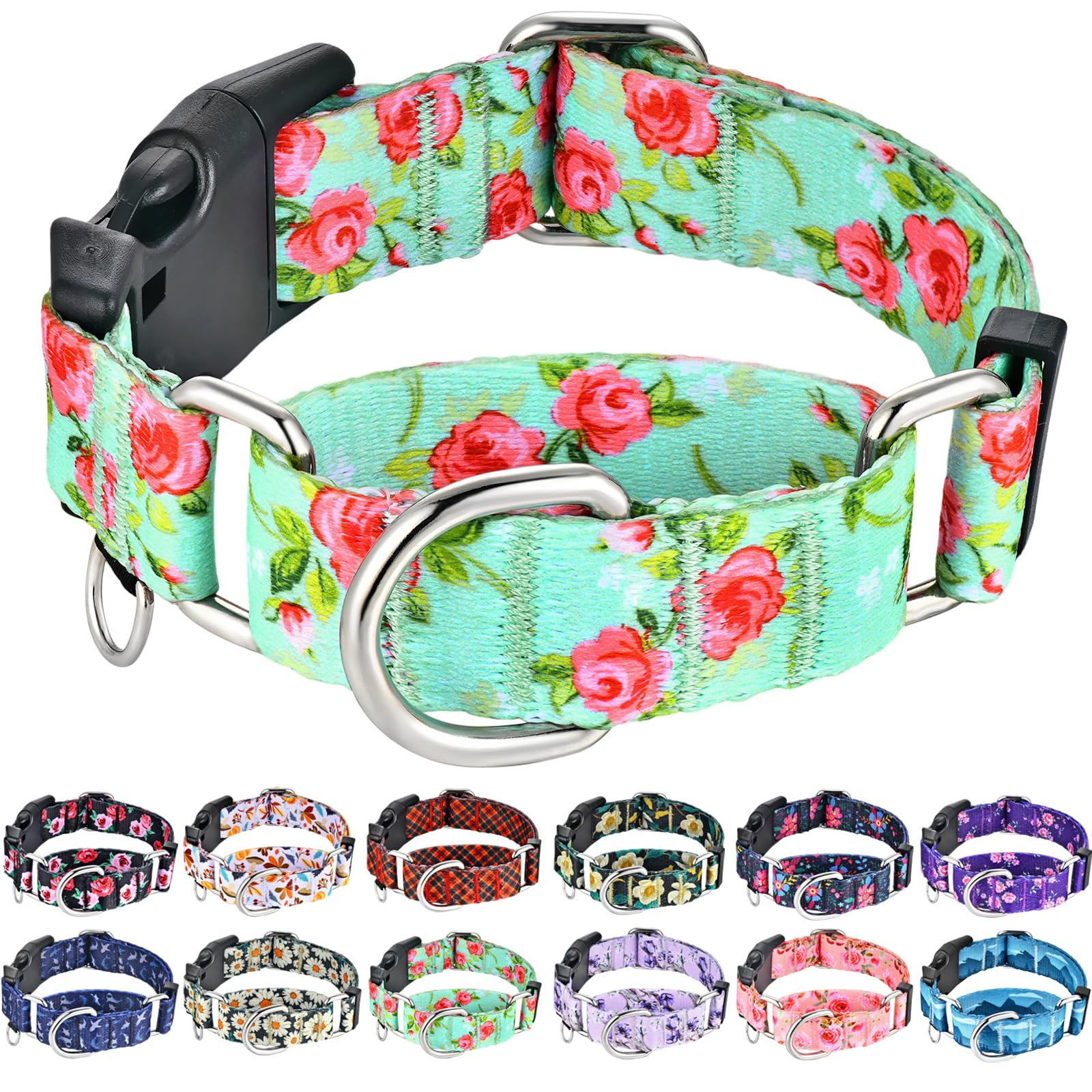 Fidohug No Pull Martingale Dog Collar With Buckle Floral Slip Collar For Female Dogs (Green Rose,Large)