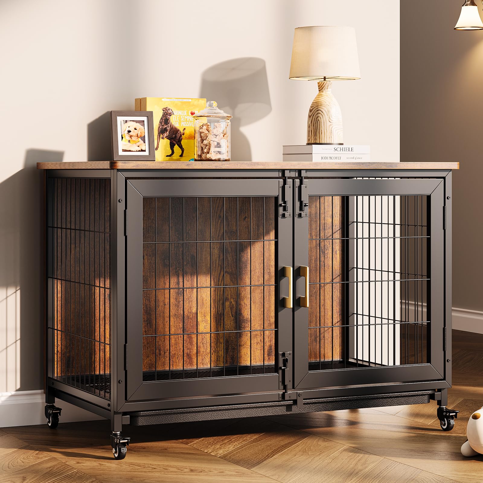 37.5 Inch Wooden Dog Crate with Wheels - Furniture Style Pet Kennel for Small to Medium Dogs Up to 66 Lbs - Multi-Purpose Remova