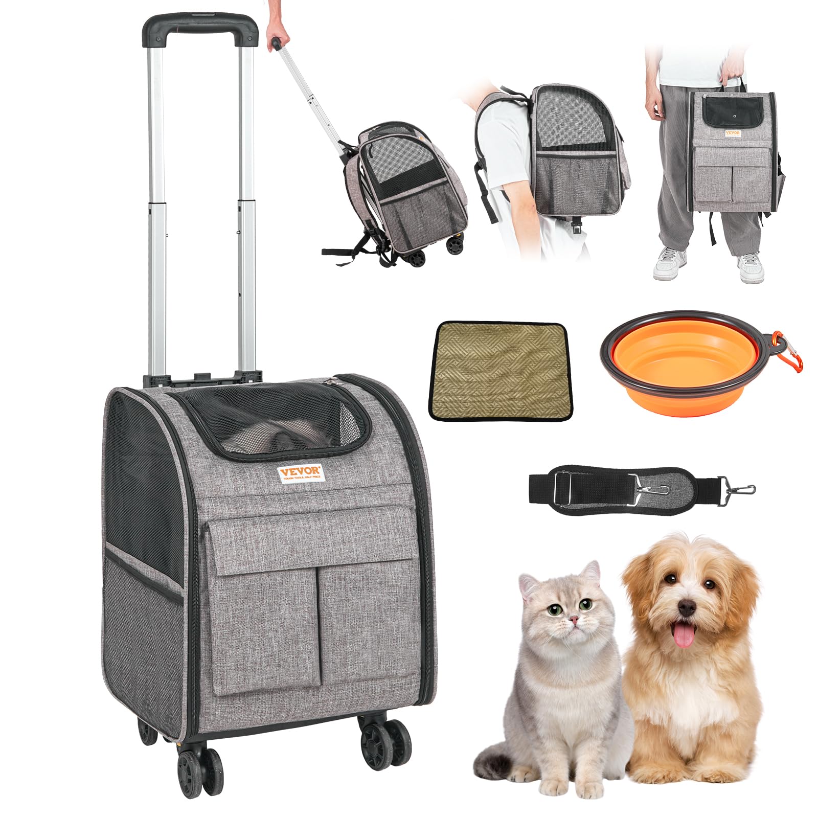 Vevor Dog Backpack Carrier With Wheels, Rolling Cat Carrier Backpacks, Wheeled Pet Carrier Backpack For Small Dogs And Medium Cats Under 18Lbs With Detachable Trolley And Upgraded Wheels, Grey