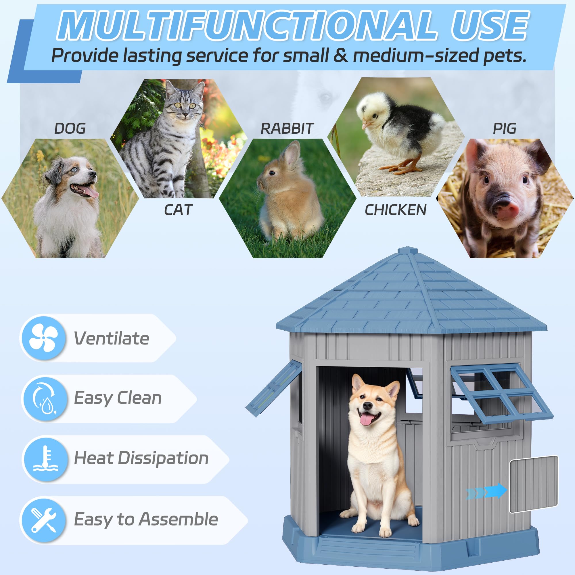 Durable Dog House Indoor Outdoor for Small Medium Dogs, Weatherproof Puppy Shelter with Elevated Floor & Air Vents, Easy Clean a