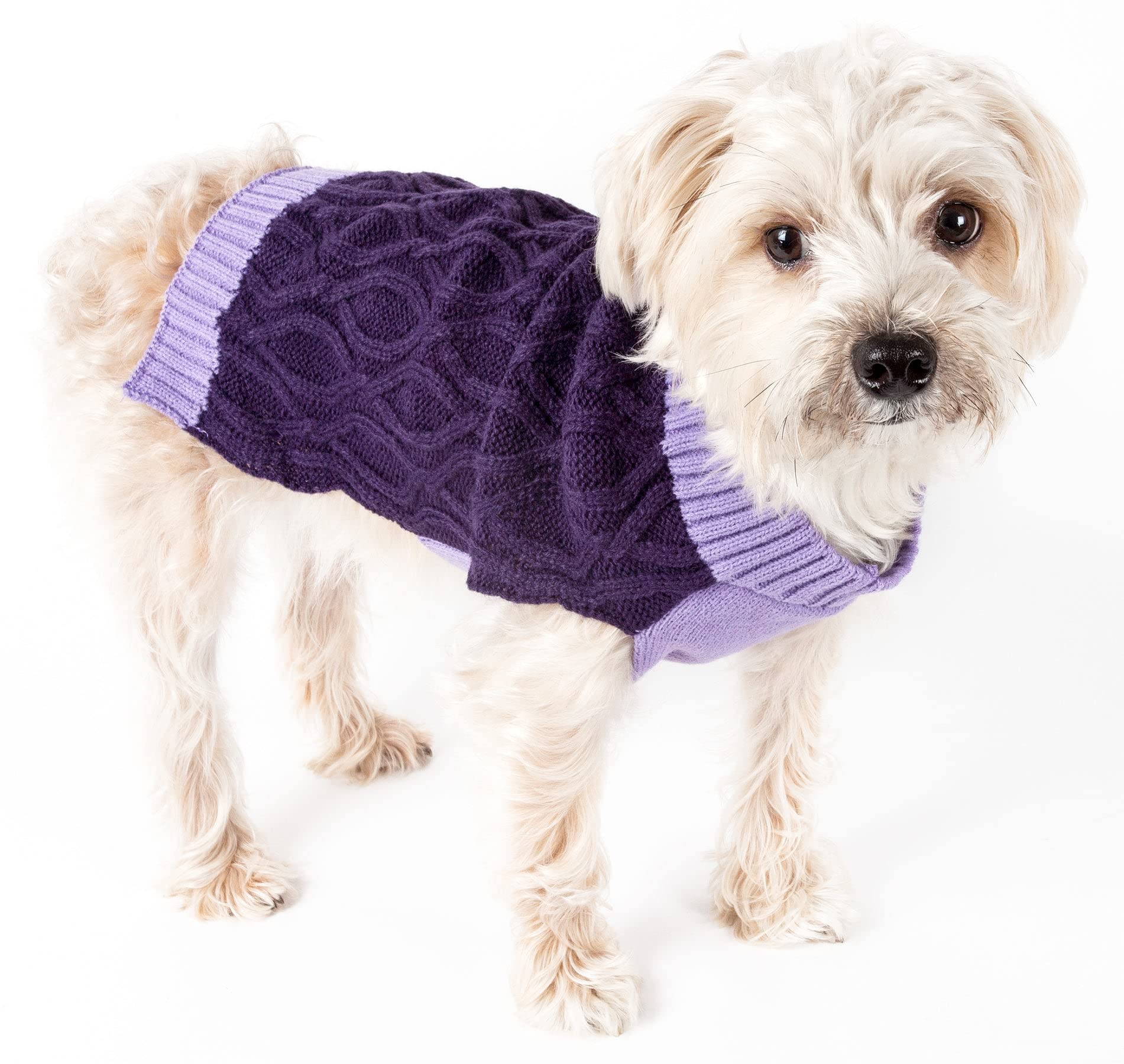 Pet Life Oval Weaved Heavy Cable Knitted Fashion Designer Pet Dog Sweater, Medium, Lavender And Dark Purple