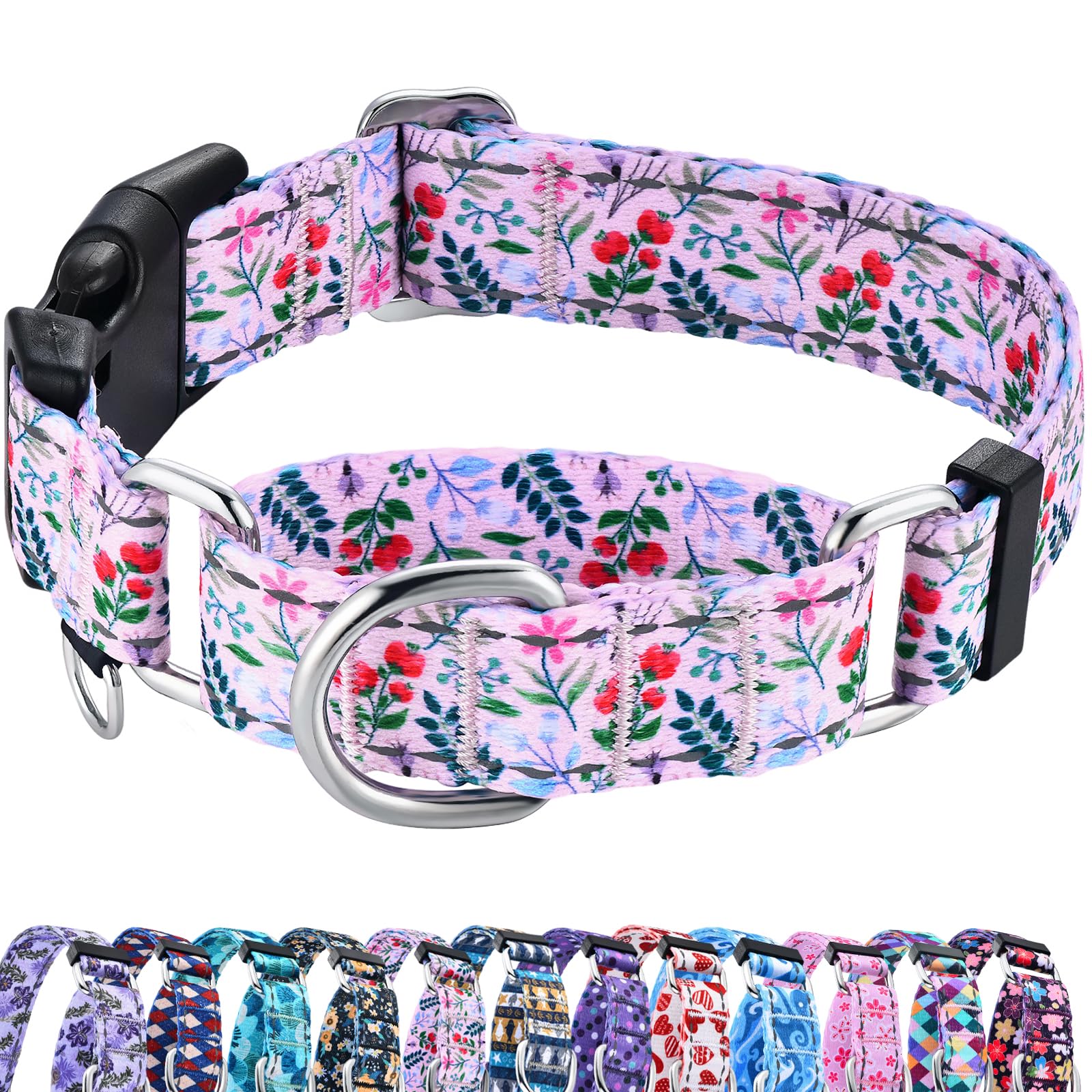 Fidohug Reflective Martingale Collar With Quick Release Buckle Anti Pulling Girl Female Dog Collars (Pink Flowers Plants, Medium