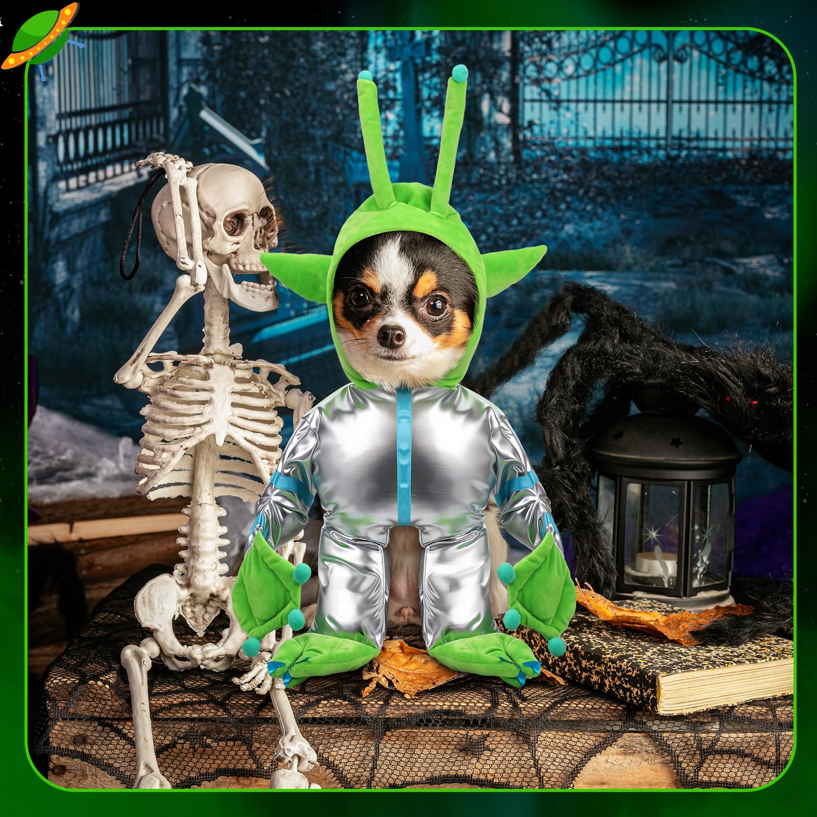 Huhumy Green Alien Costume for Small Dog, Medium Dog Halloween Astronaut Outfits Alien Pet Costume Cute Hooded with Reflective O