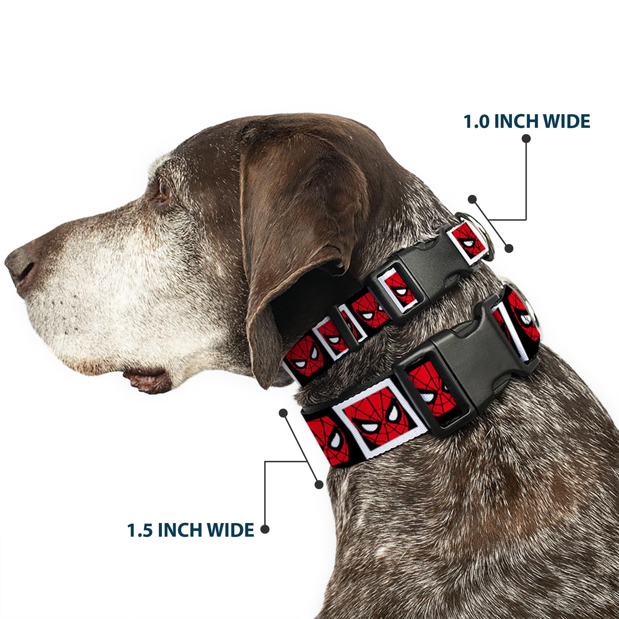 Dog Collar Plastic Clip Spider Man Face Black White Blocks 18 To 32 Inches 1.5 Inch Wide