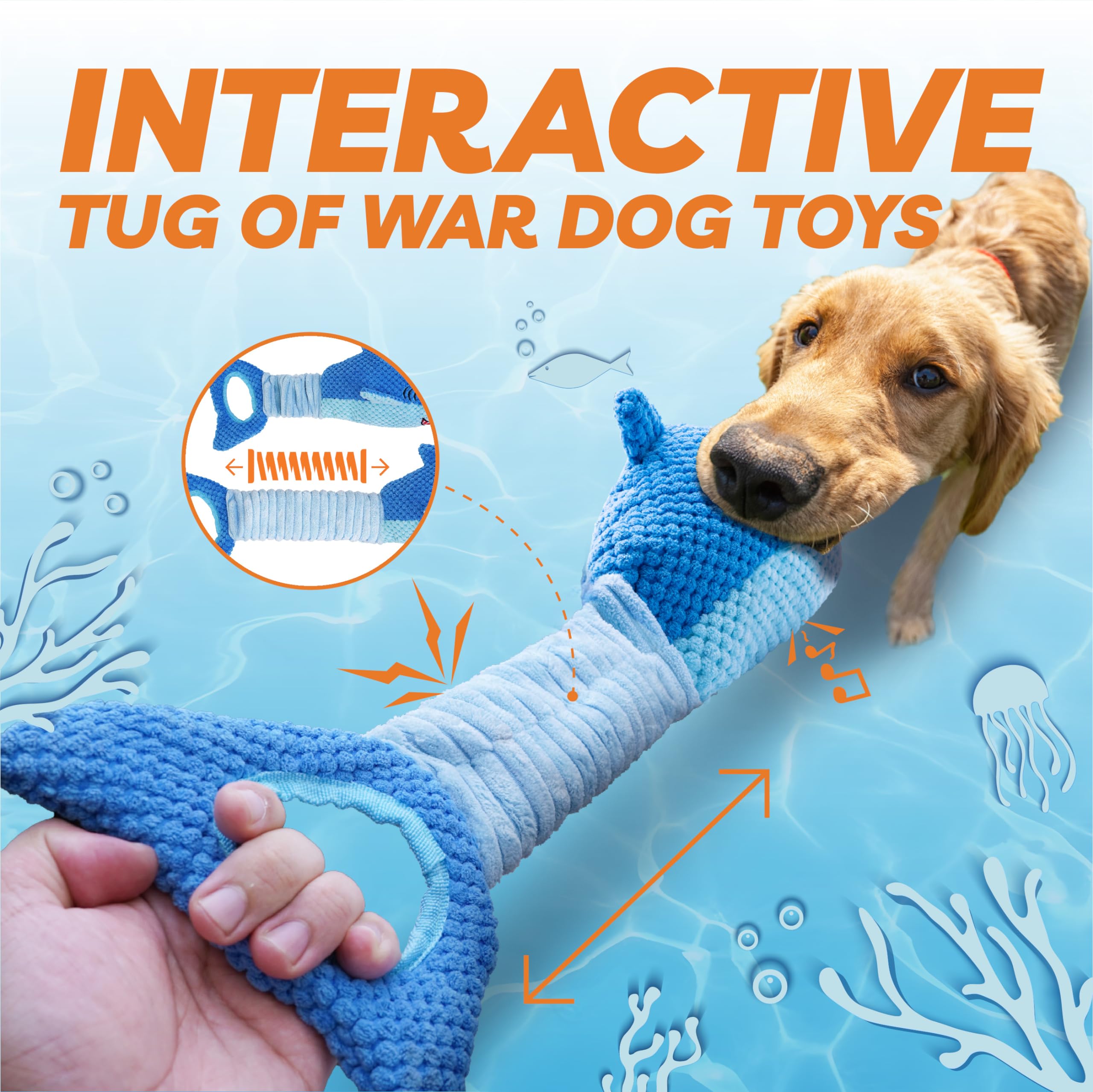 LEGEND SANDY Interactive Squeaky Dog Toy for Aggressive Chewers, Large Crinkle Tug Toy, Blue Shark, Polyester Material