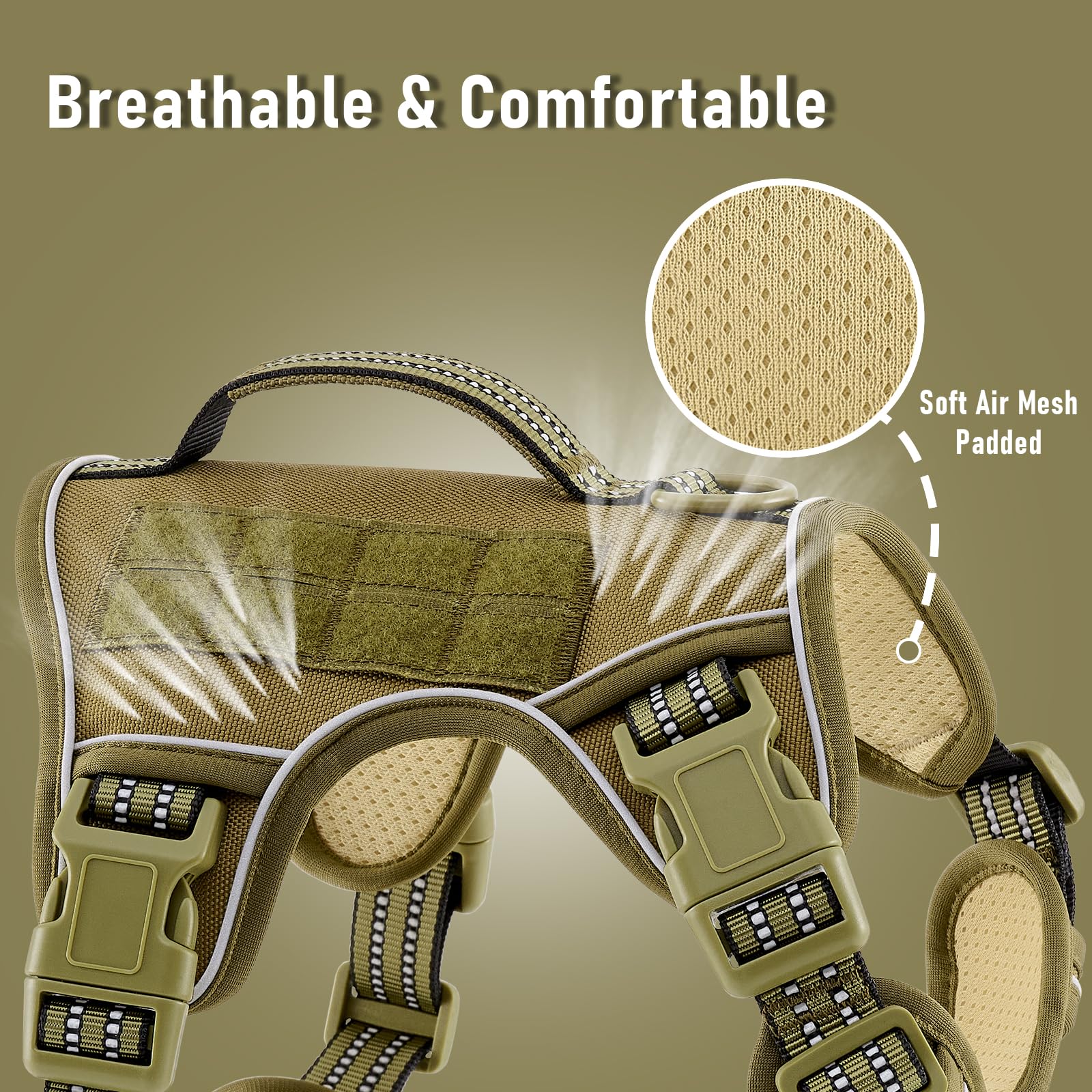Adjustable No-Pull Tactical Dog Vest Harness For Big Dog Breeds, Siberian Husky Labrador Golden Retriever, Reflective Breathable