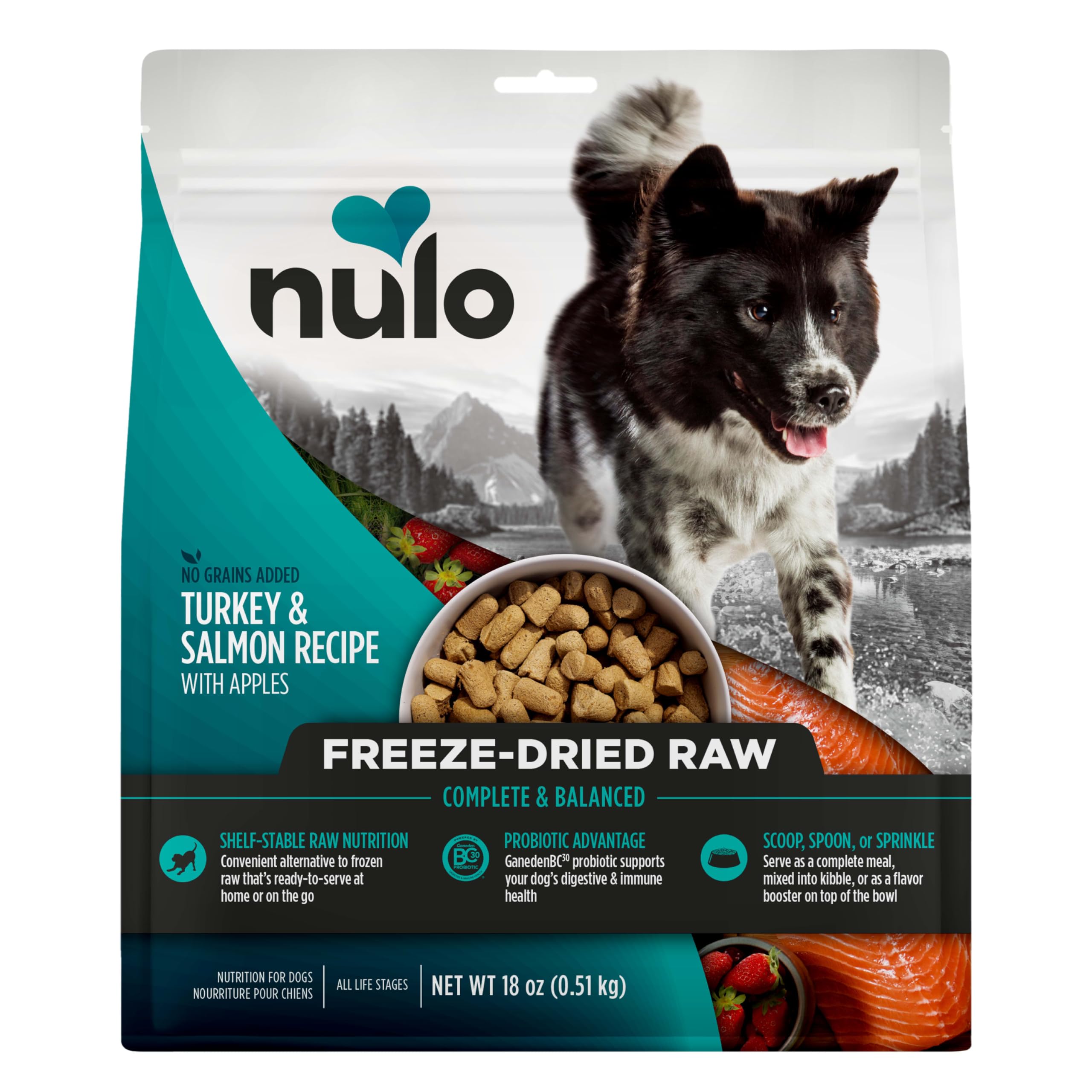 Nulo Freeze-Dried Raw Turkey & Salmon Recipe with Apples Complete and Balanced Dry Dog Food Kibble, 18 Ounce Bag
