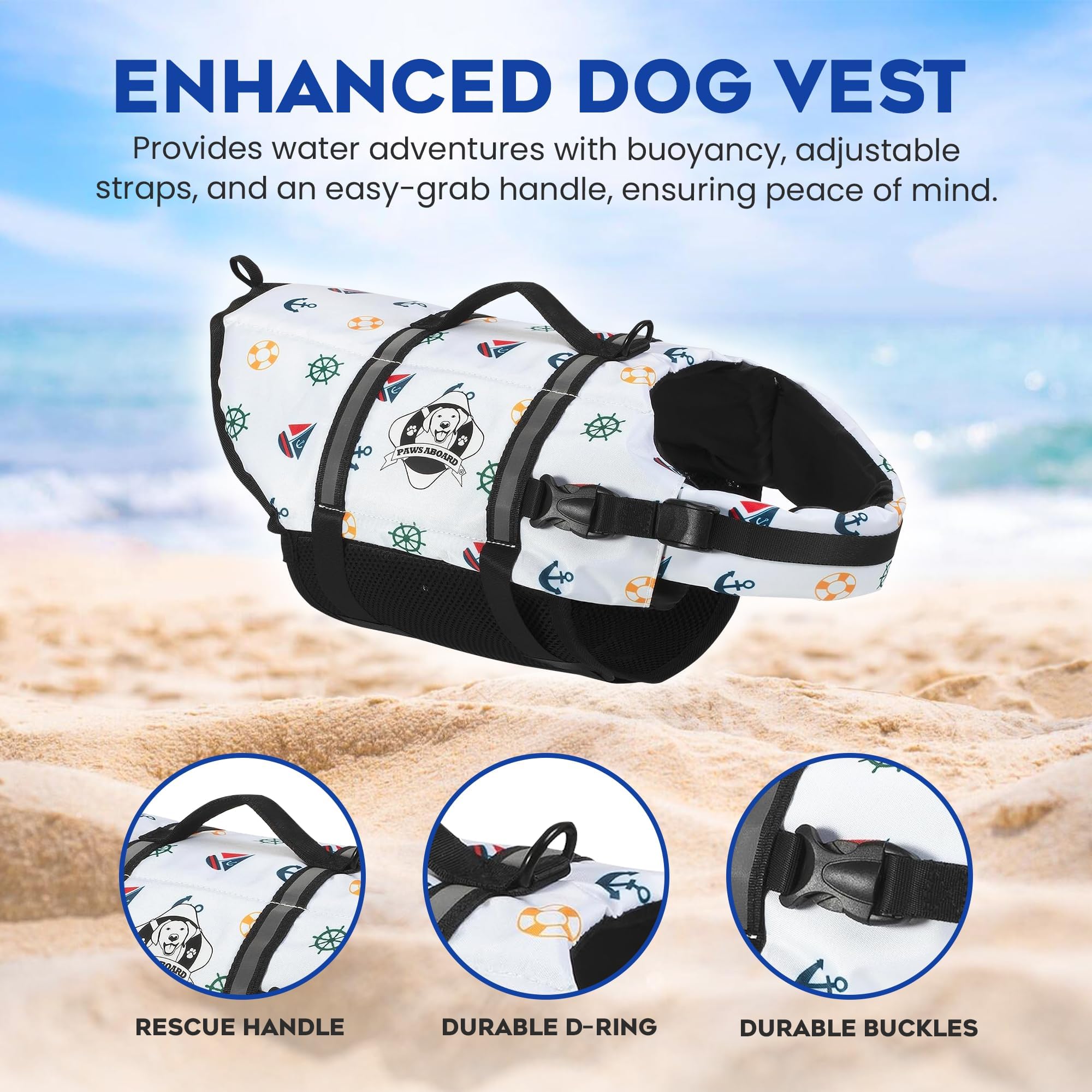 Paws Aboard Dog Life Jacket - Keep Your Canine Safe With A Neoprene Life Vest For Swimming And Boating - Available In Different Sizes, Color And Design To Choose - Nautical Dog, X-Small