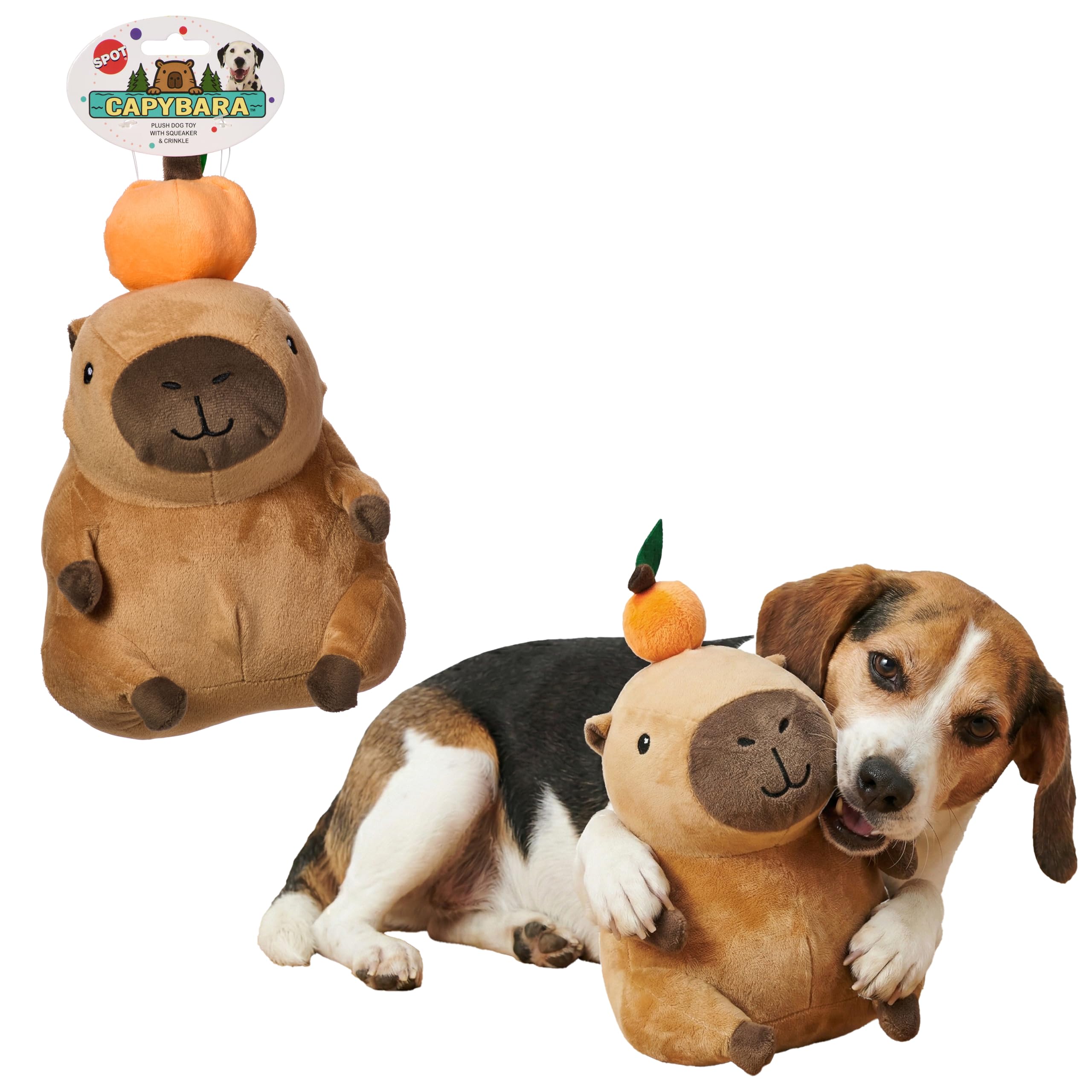 SPOT Capybara with Orange Plush Dog Toy, Soft Stuffed Squeaky & Crinkle Toy for Calm and Gentle Play, Adorable Capybara, for Lig