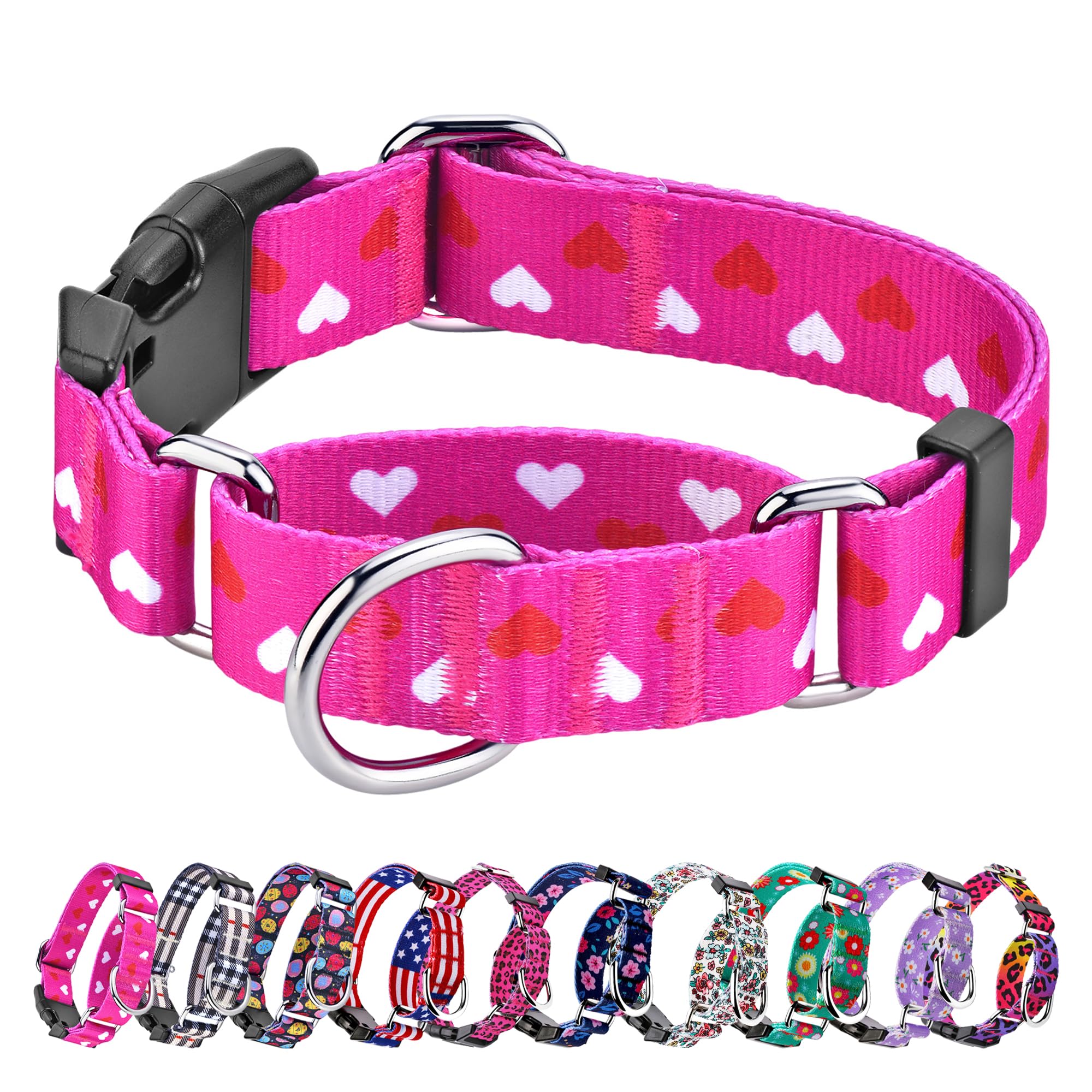 Hikiko Valentine'S Day Dog Collar For Xsmall Puppy Dogs With Adjustable Heart Martingale Collars Quick Release Buckle (Pink Love