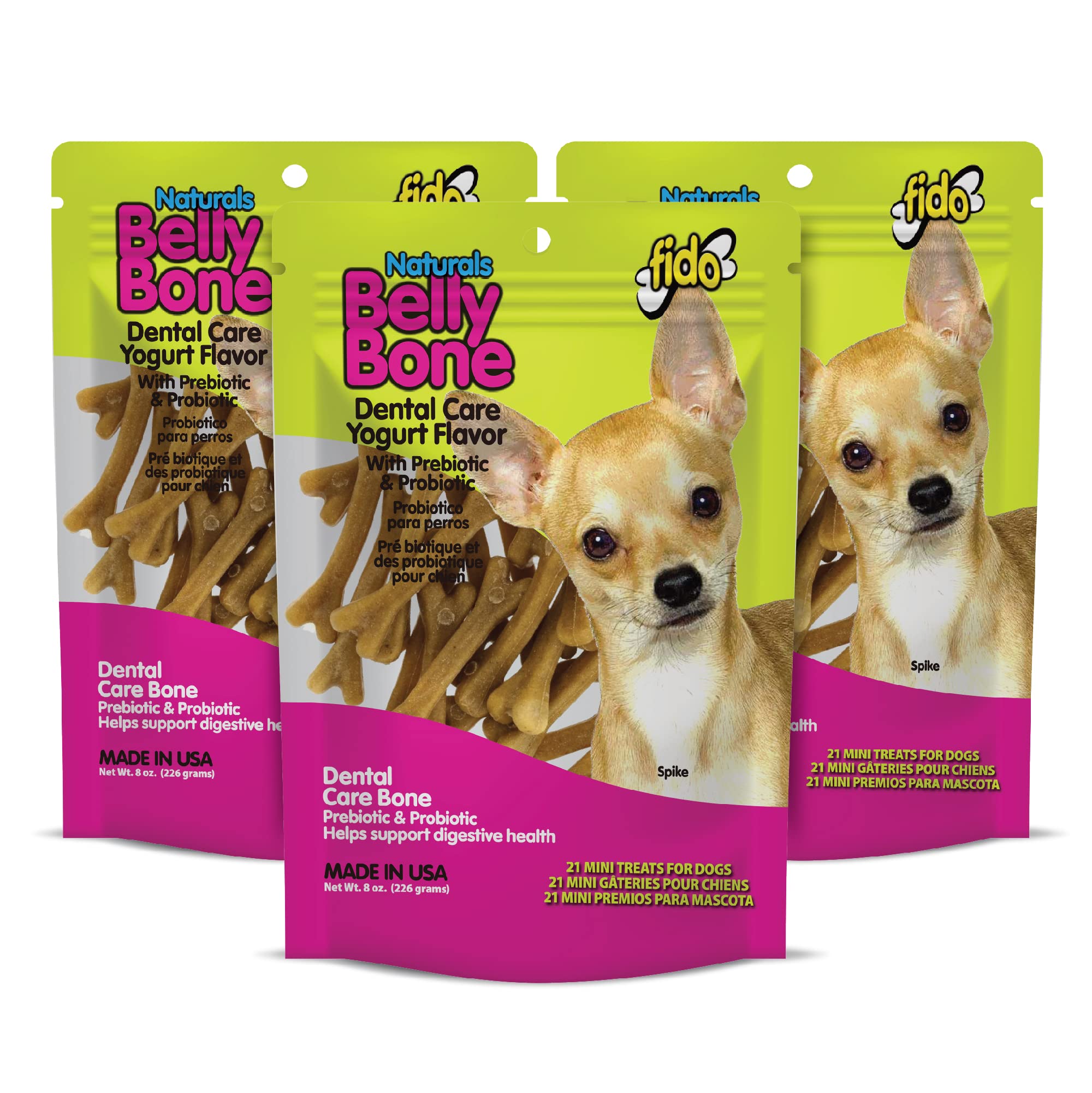 Fido Naturals Belly Bones for Dogs, Yogurt Flavored Mini Dog Dental Treats - 21 Treats Per Pack, 3 Pack - for Small Dogs, Made i