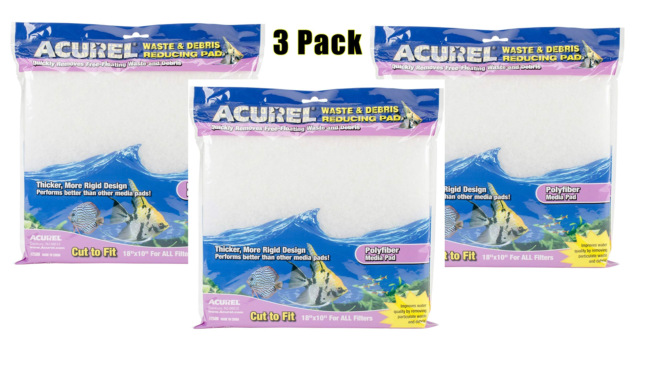 Acurel 3 Pack of Waste and Debris Reducing Media Pad, 18 by 10 Inch, Polyfiber Media Pad for All Aquarium Filters