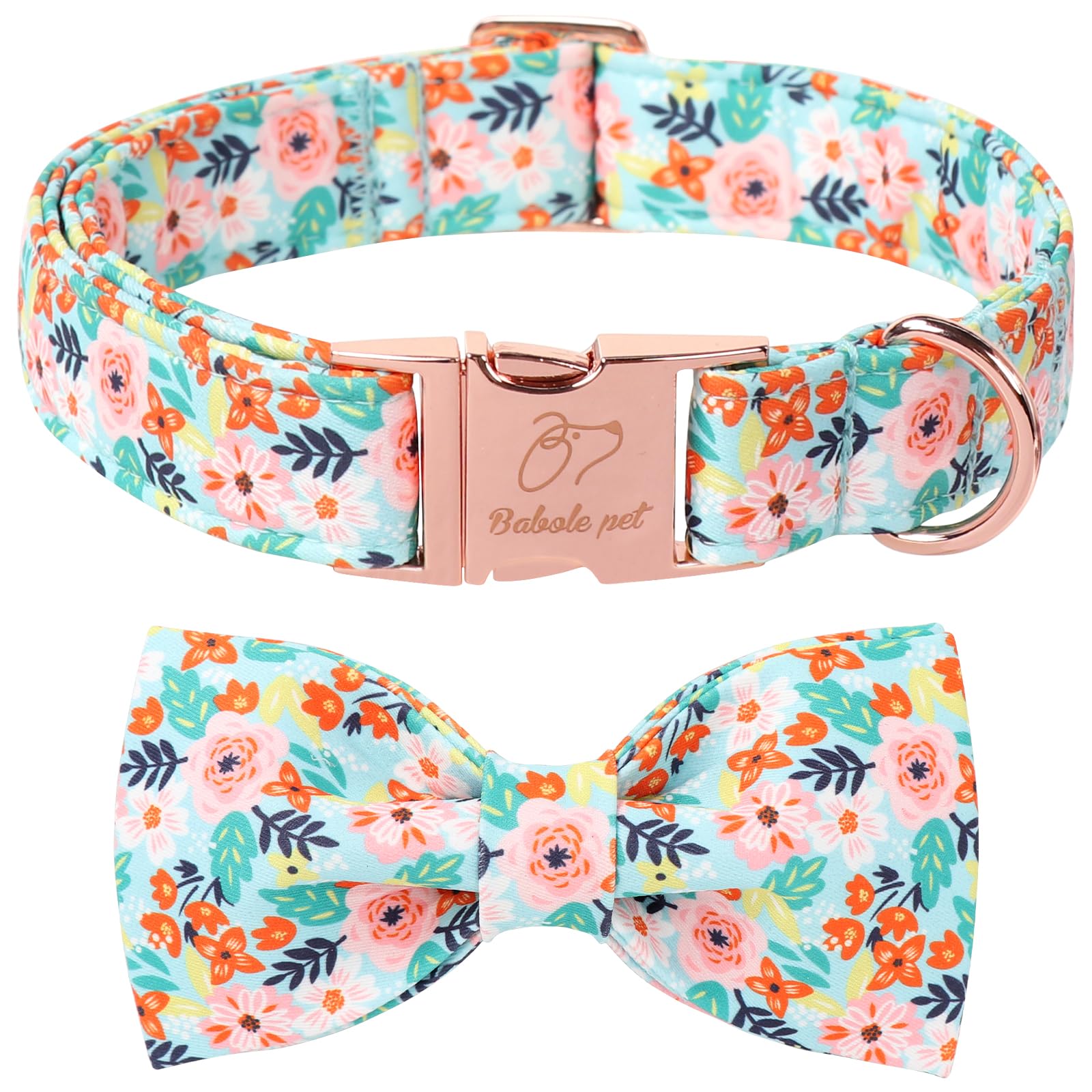 Babole Pet Floral Dog Collar With Bow Tie - Adjustable Light Blue Flower Bowtie Collar Breathable Comfort Spring-Summer Dog Coll