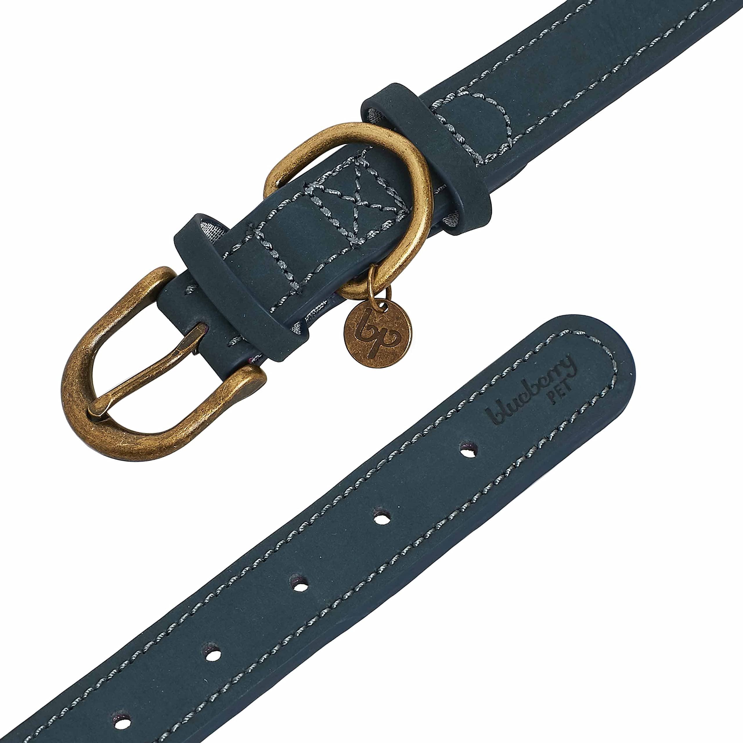 Blueberry Pet Soft & Comfy Genuine Full Grain Leather Adjustable Dog Collar - Navy Blue, Small, Neck 12'-15'
