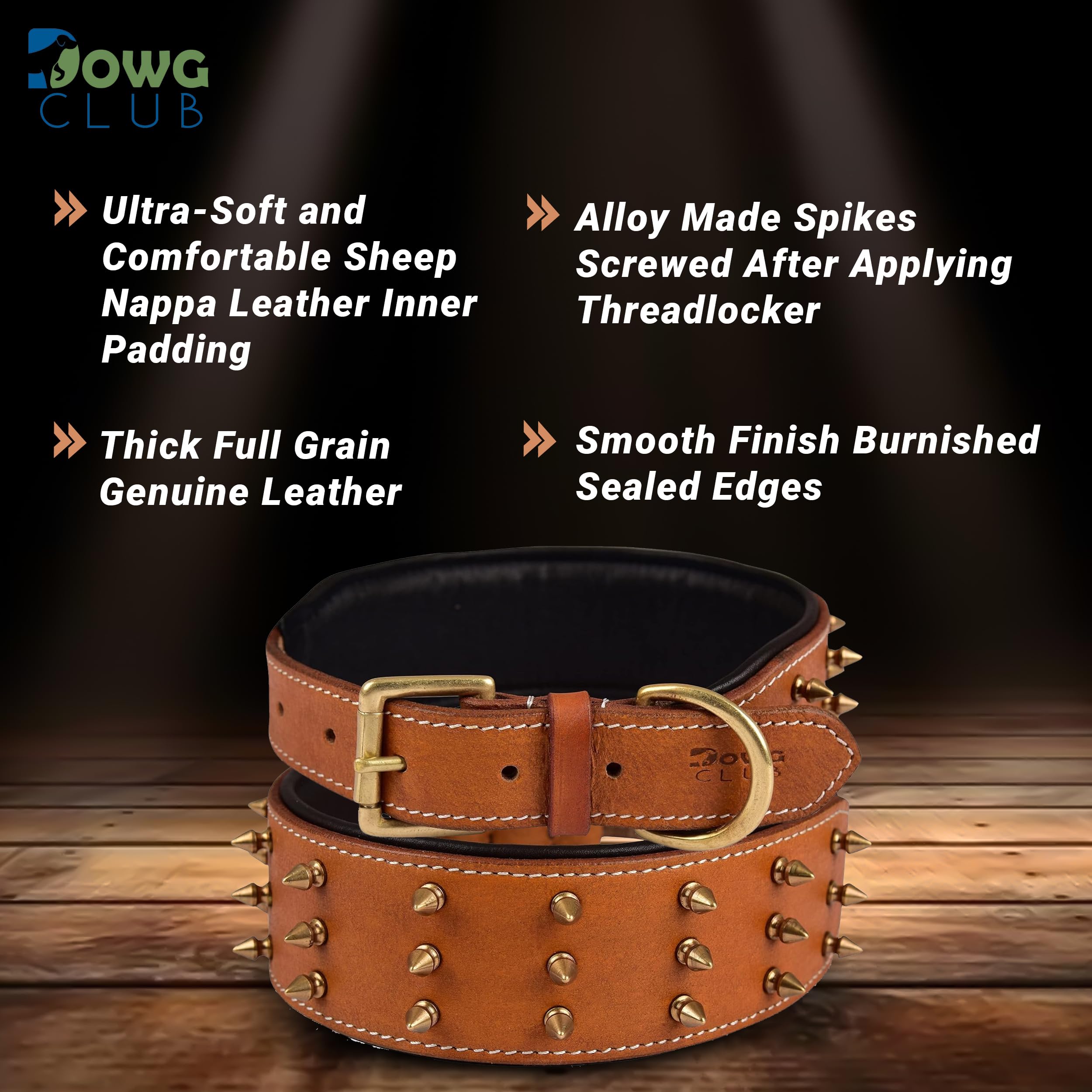 Dowgclub Spiked Leather Dog Collar - 2 Wide Full Grain Bridle Leather, Heavy Duty, Padded & Adjustable - For Extra Large Breed