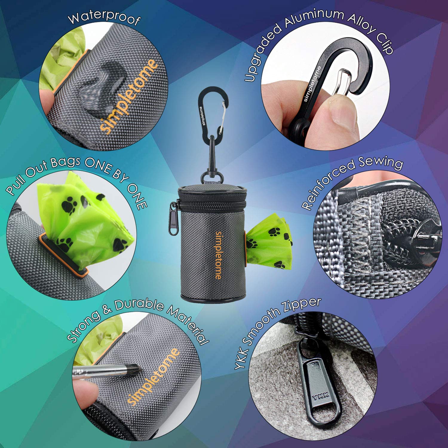 simpletome Dog Waste Bag Dispenser, 1680D Waterproof Oxford, Grey, 2 Piece Set, Model DISP01