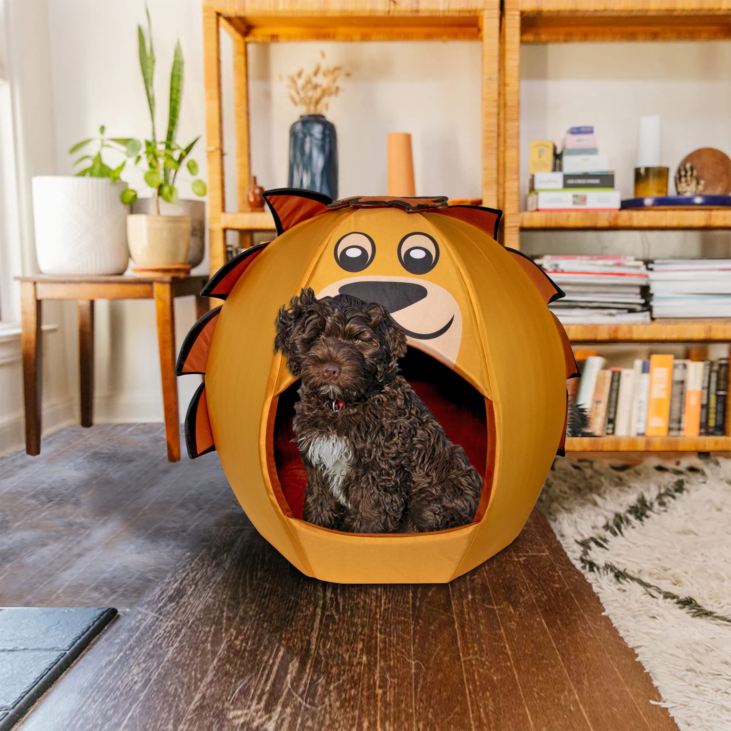 Maccabi Art Lion Theme Dog Bed - Cute Igloo Style Pet Bet - Fits Medium Dogs, Puppies, Cats - Pillow Insert With Plush Lined Int