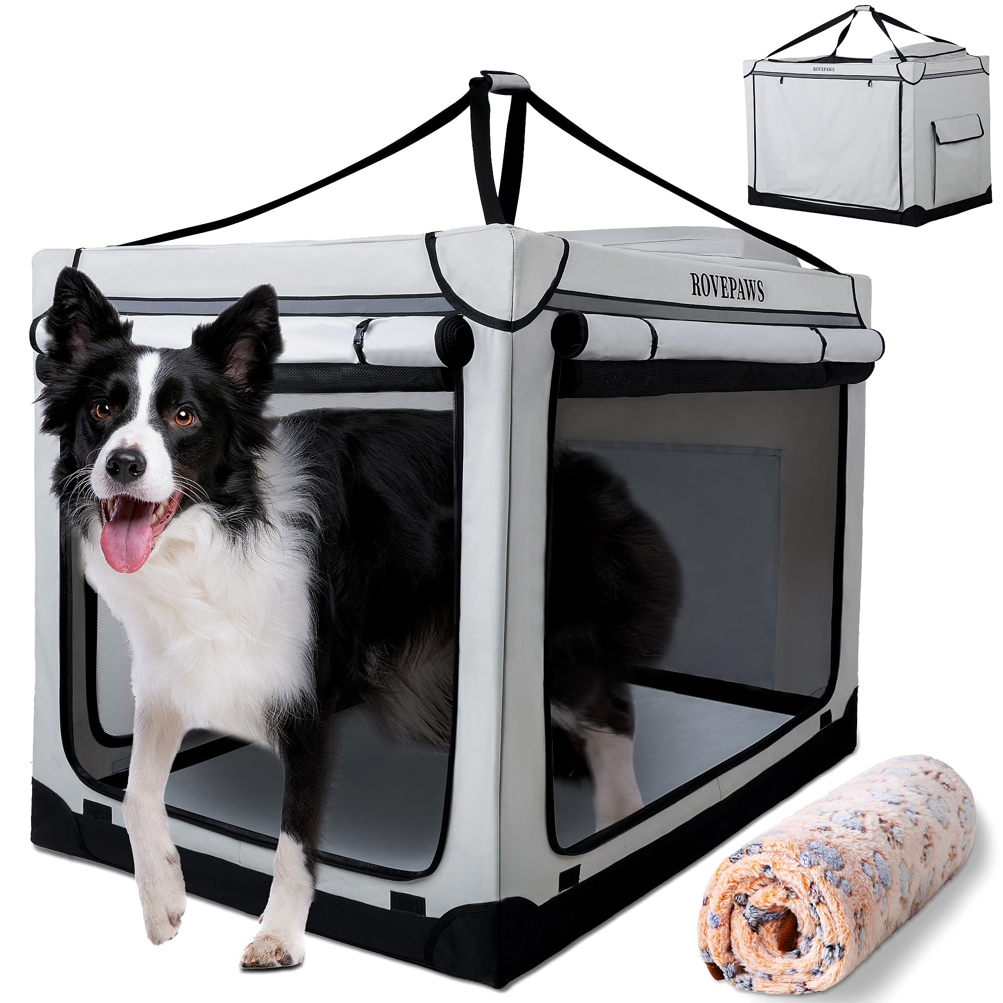 Rovepaws Soft Collapsible Dog Crate - 36 Inch Portable Travel Crate With Extra Space Indoor & Outdoor, 4-Door Foldable Pet Kenne