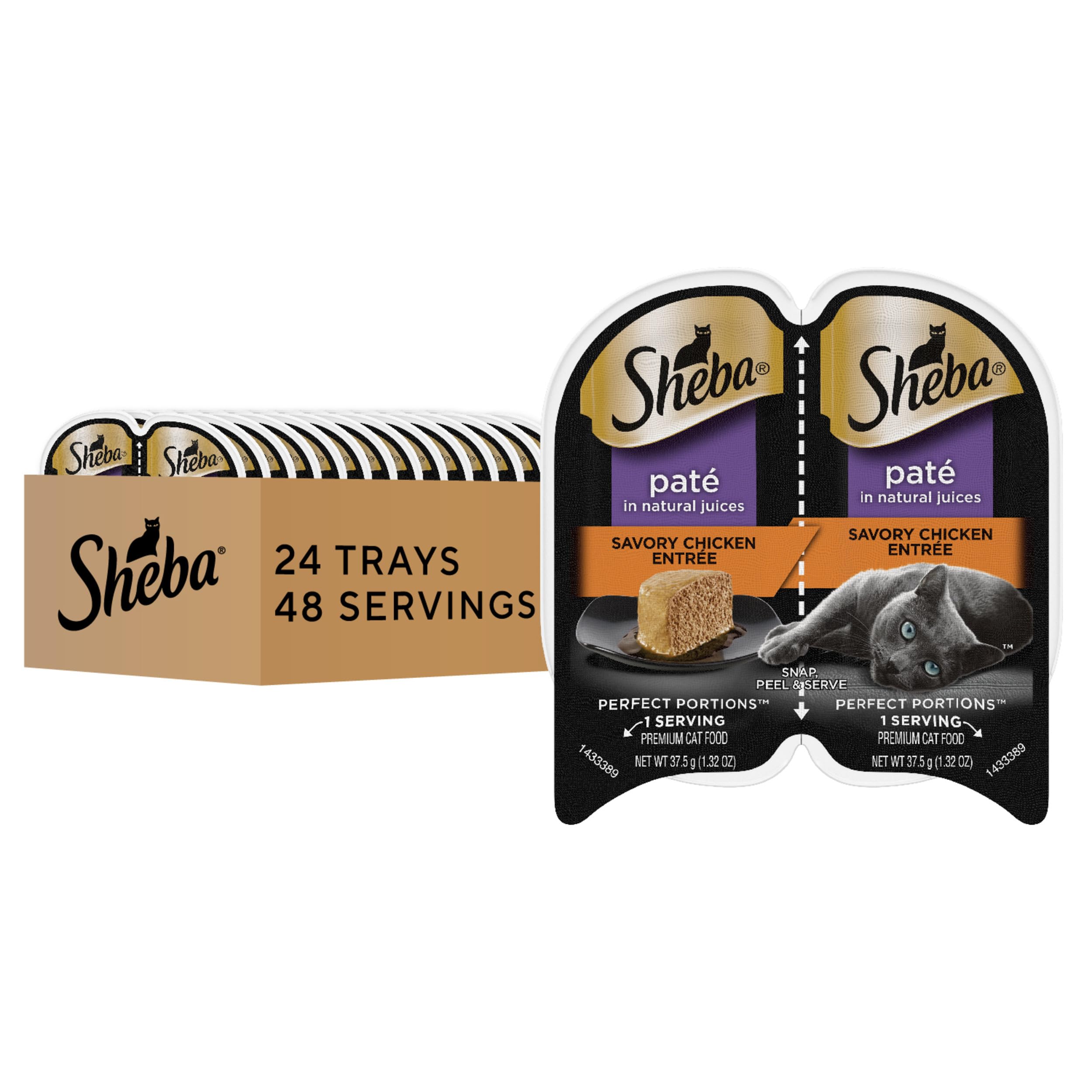 Sheba Perfect Portions Pat   Adult Wet Cat Food Trays (24 Count, 48 Servings), Savory Chicken Entr  e, Easy Peel Twin-Pack Trays