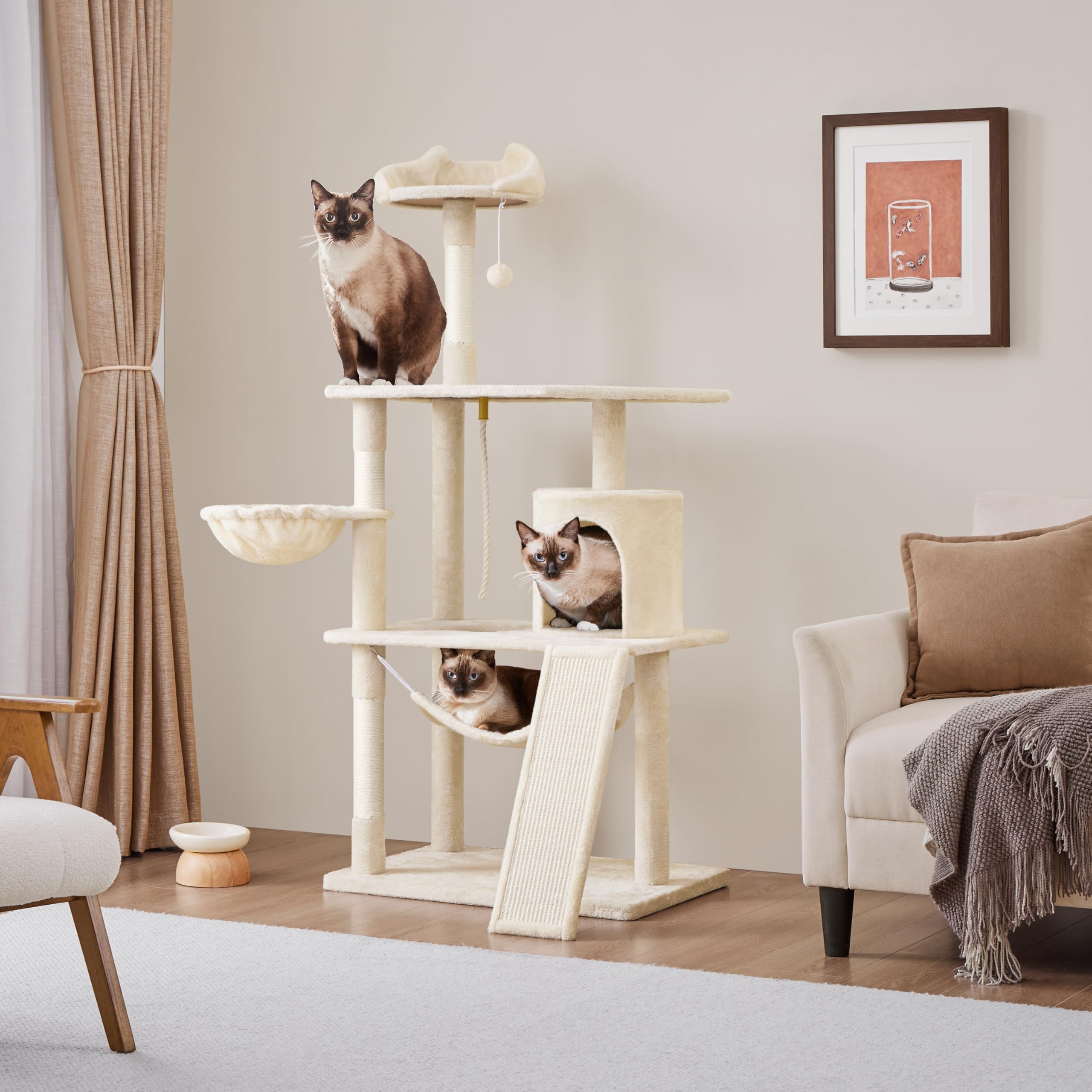 Yaheetech Extra Large Cat Tree Condo 63.5in Beige Plush & Sisal with Scratching Post & Hammock, Model YT-00093597-63