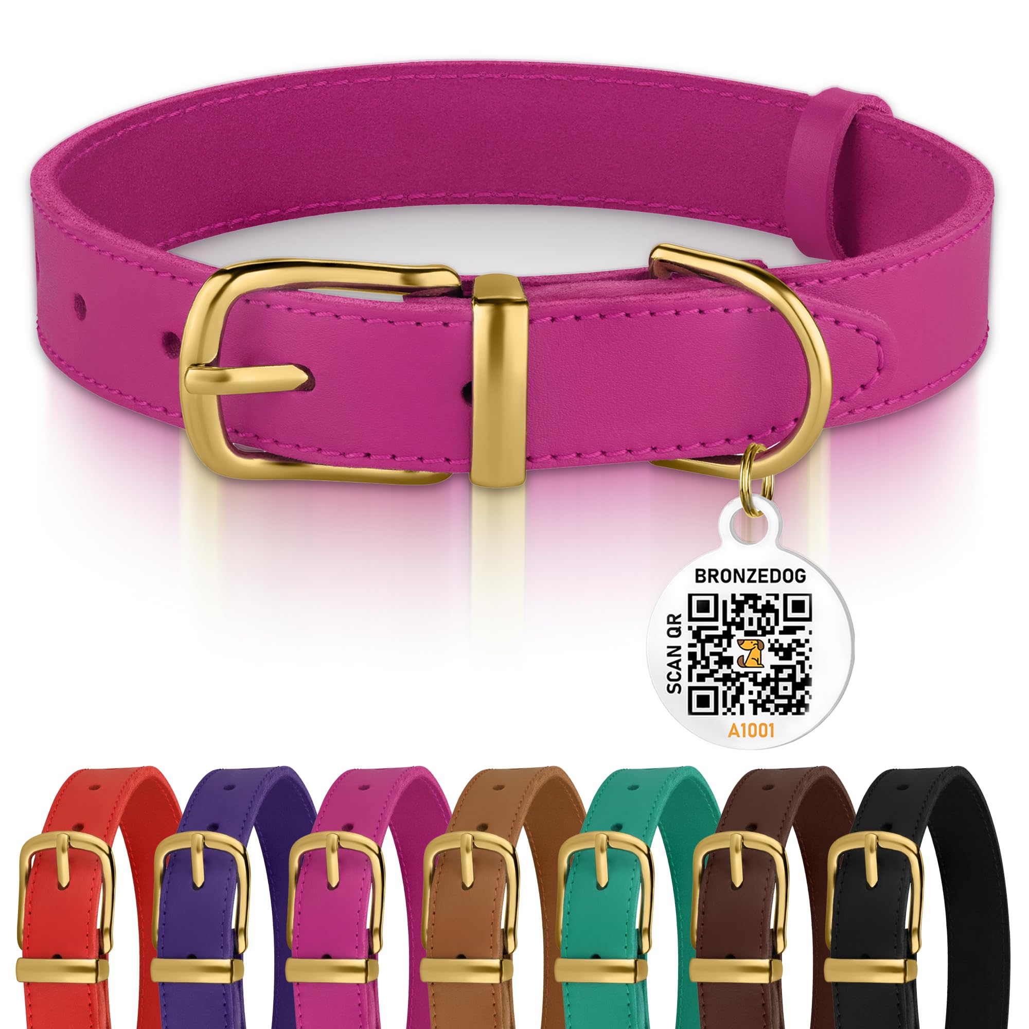 Bronzedog Leather Dog Collar With Qr Id Tag Basic Pet Collars For Small Mini Dogs Cats Puppies (7-9 Inch (Pack Of 1), Pink & Gol