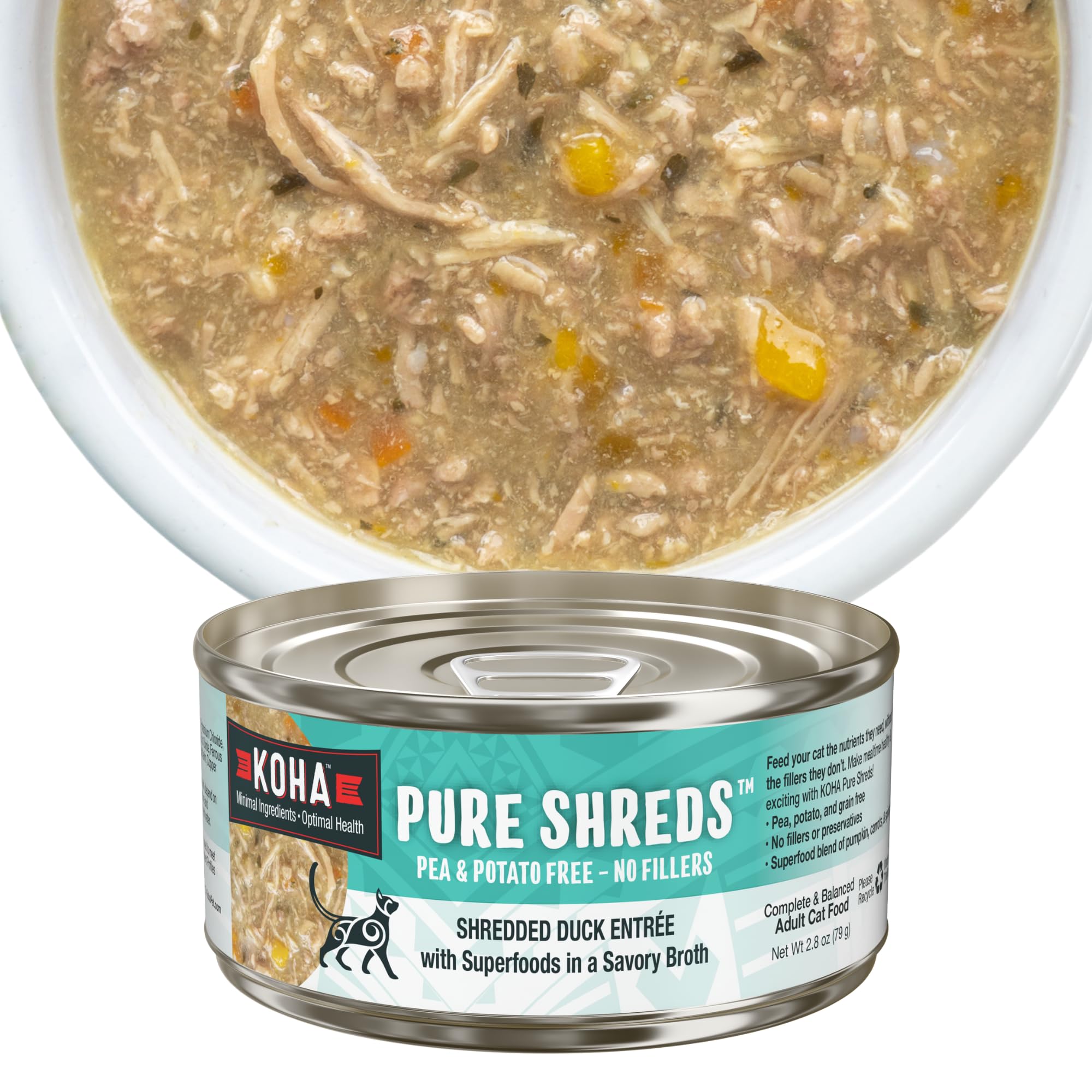 KOHA Pure Shreds Duck Entr  e for Cats, Single Meat Wet Cat Food 2.8oz Cans (Pack of 24)