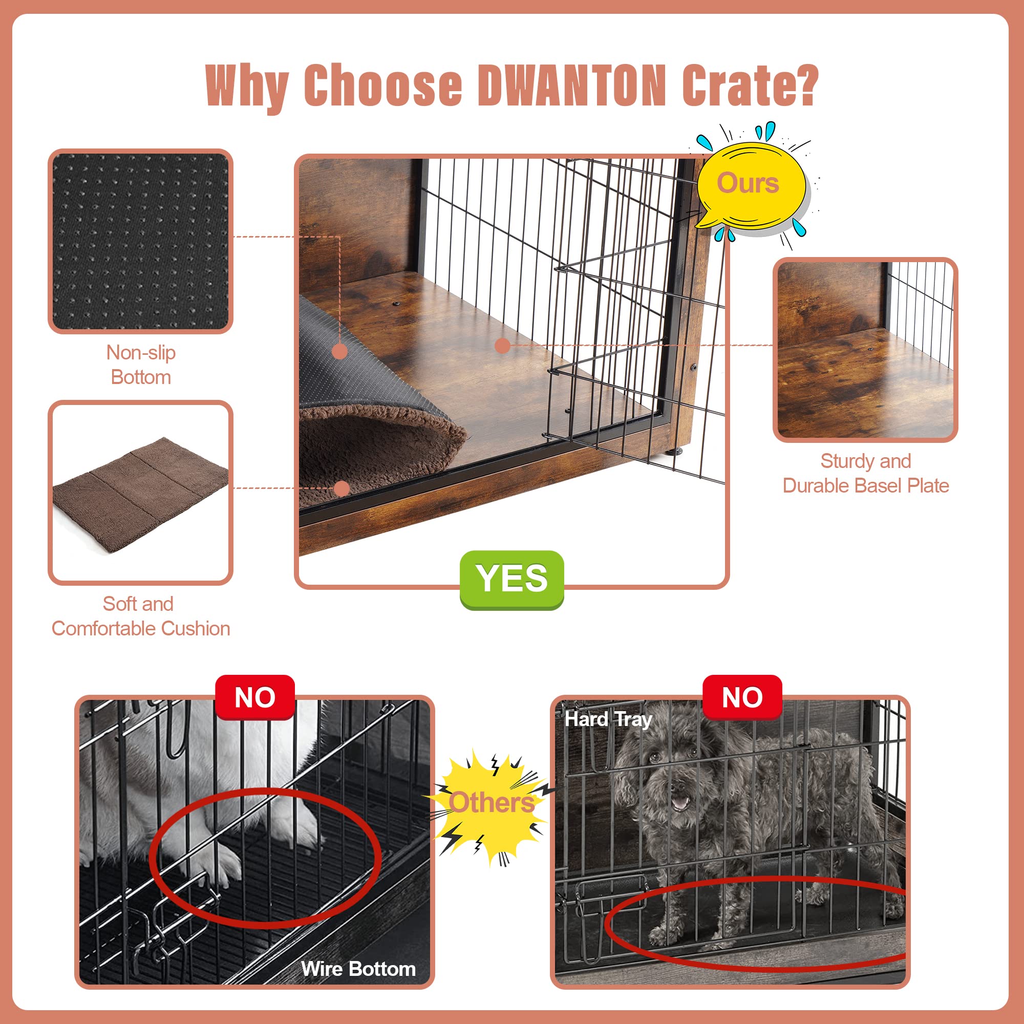 Dwanton Dog Crate Furniture With Cushion, Wooden Dog Crate Table, Double Doors Dog Furniture, Indoor Dog Kennel, Dog House, Dog Cage Large, 38.5' L, Rustic Brown