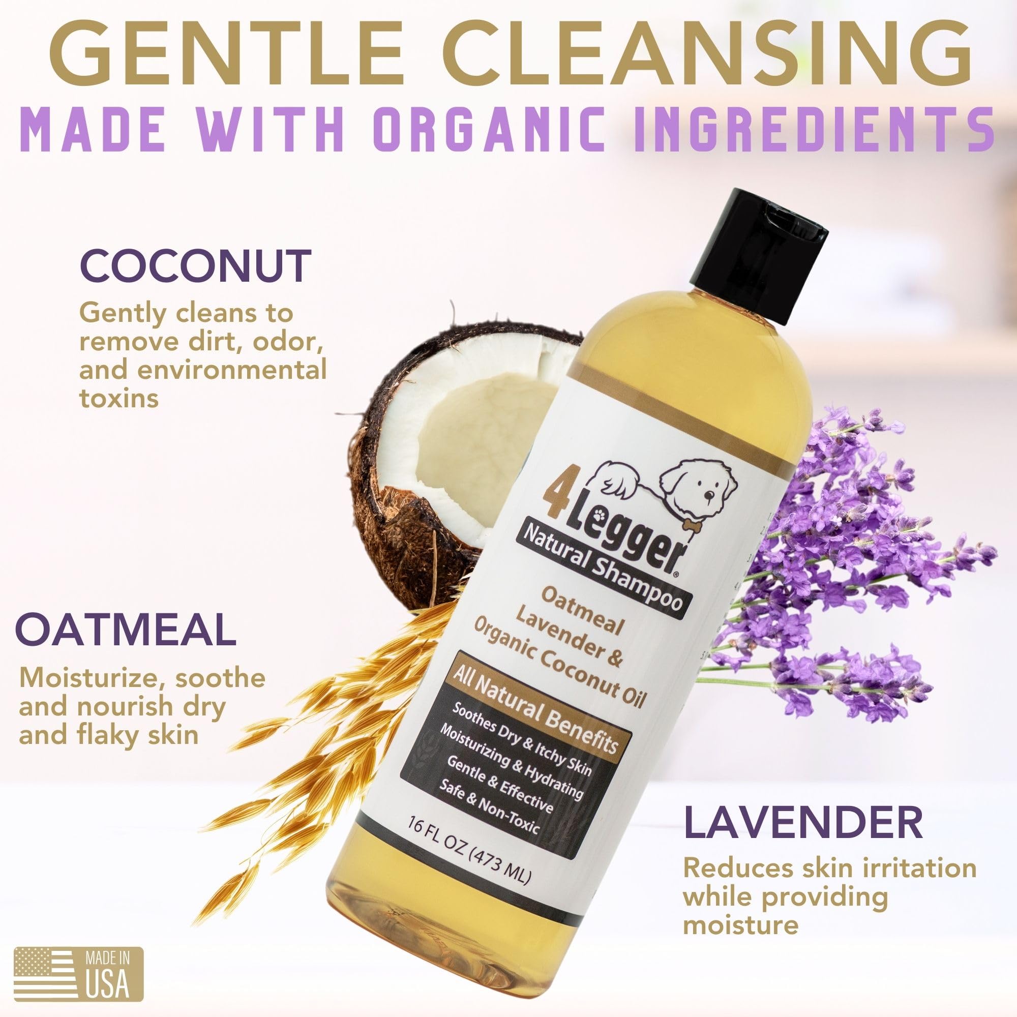 4Legger Organic Dog Shampoo Usda Certified Organic, All Natural Hypoallergenic Dog Shampoo With Oatmeal, Lavender, And Coconut Oil - Organic Oatmeal Shampoo For Dogs - Dog Shampoo For Itchy Skin 16 Oz