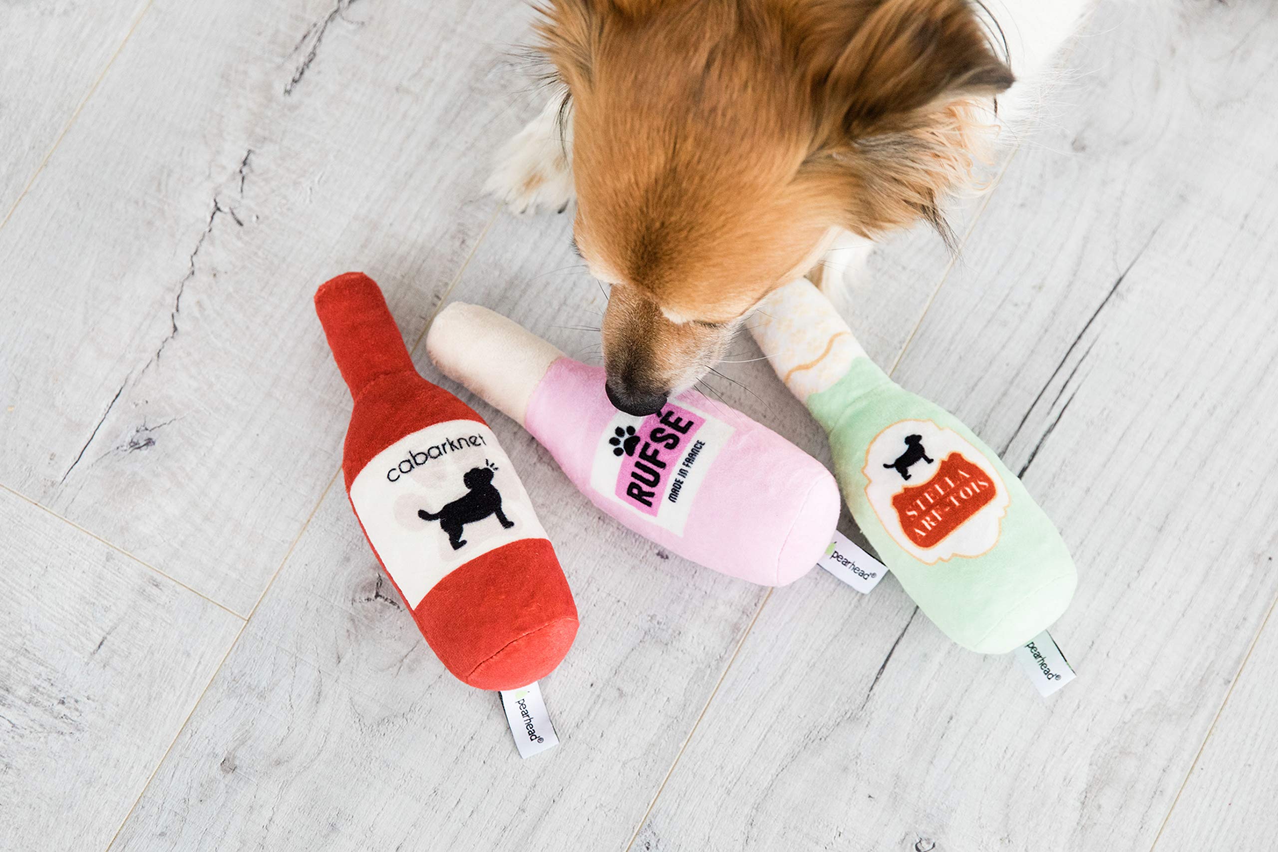 Pearhead Happy Hour Plush Dog Toys, Novelty Fun Pet Toy Set, Durable Stuffed Toy for Interactive Play, Wine and Beer Themed Pet