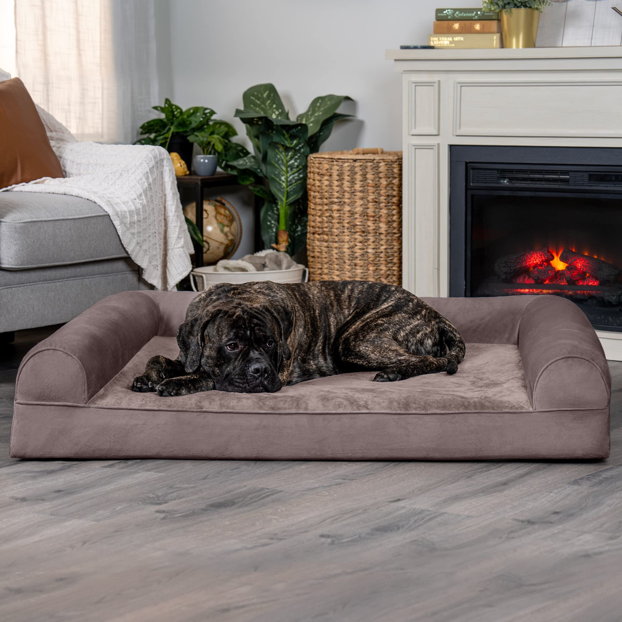 Furhaven Orthopedic Dog Bed For Large Dogs W/ Removable Bolsters & Washable Cover, For Dogs Up To 125 Lbs - Faux Fur & Velvet Sofa - Driftwood Brown, Jumbo Plus/Xxl