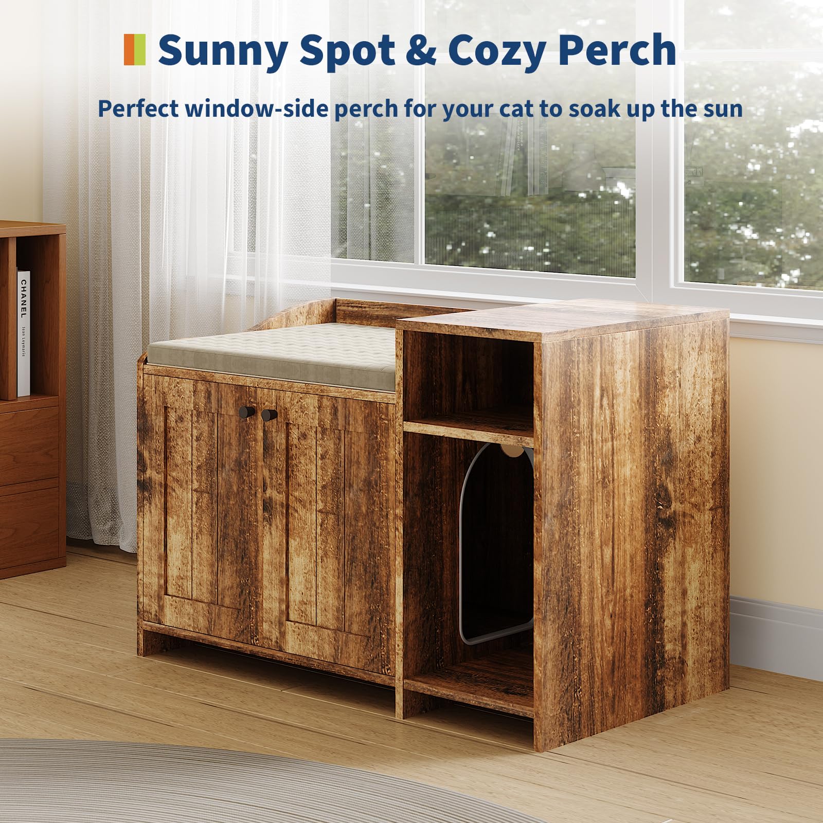 GarveeHome Cat Litter Box Enclosure with Storage Shelve Adn Wooden Barn Door, Hidden Litter Box Cabinet, End Table Style Indoor