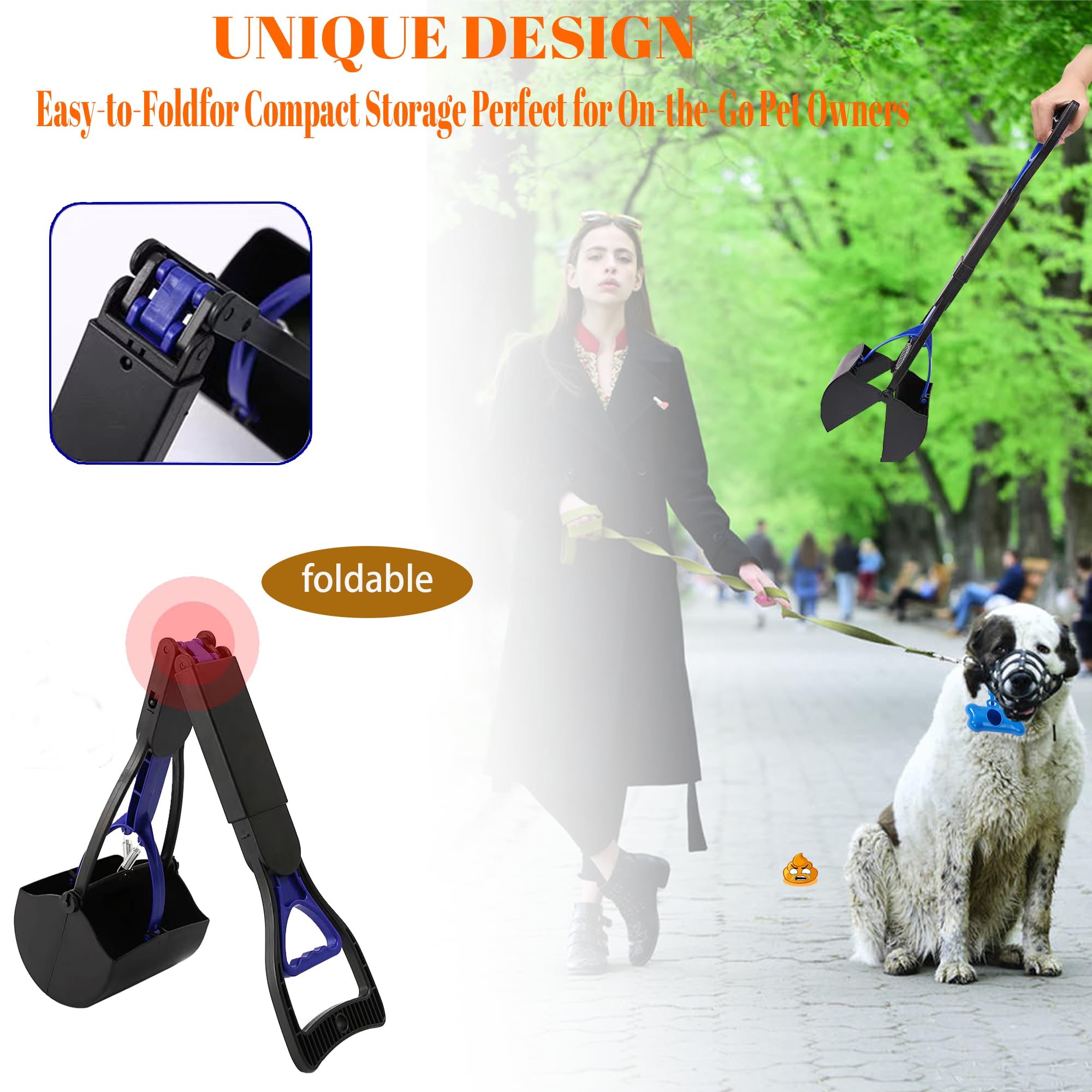 Non-Breakable 24 Inch Portable Dog And Cats Poop Scooper With Foldable Long Handle, 20 Pet Waste Bags & 1 Dispenser, Set For Yar