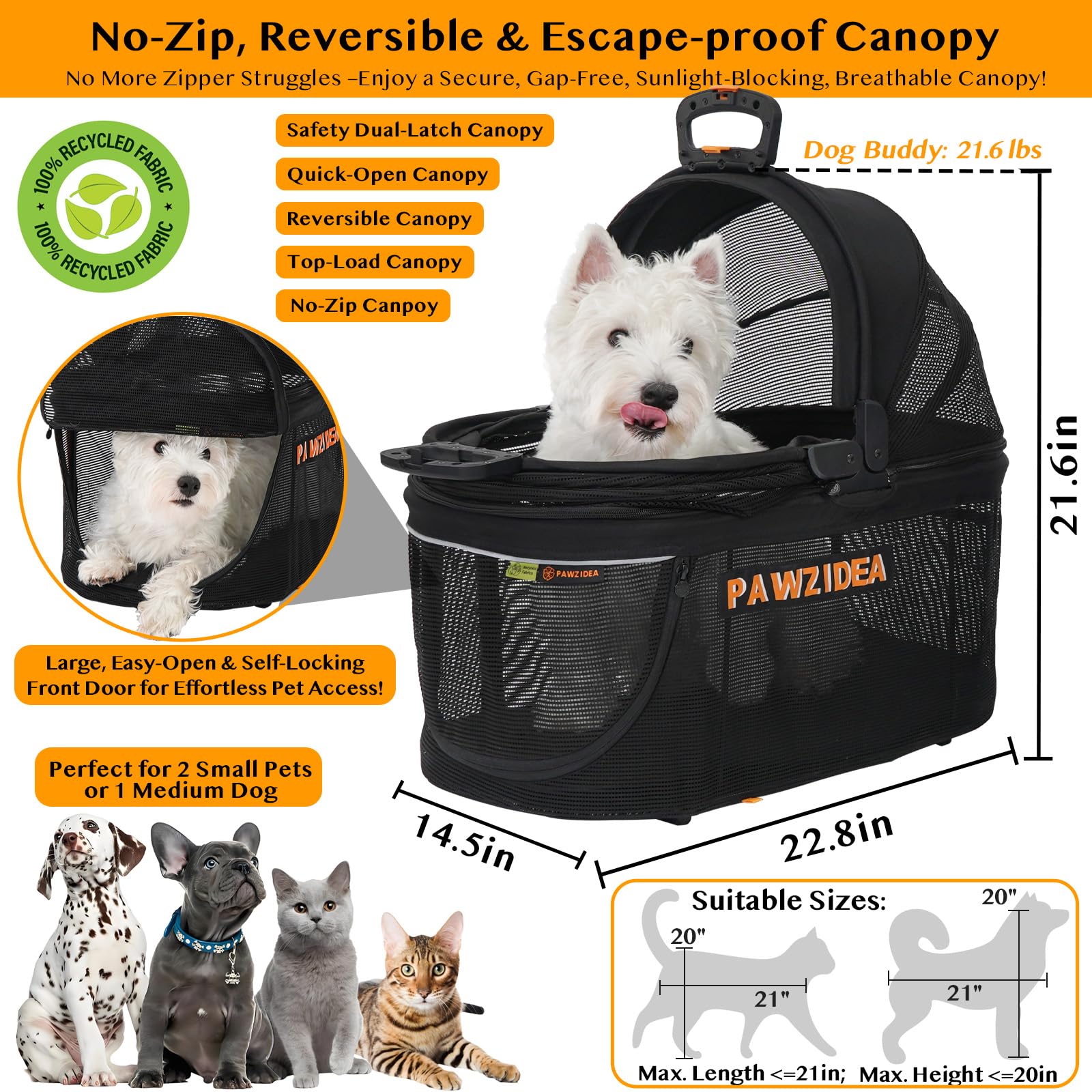PAWZIDEA Pet Stroller 4-in-1, Lightweight Foldable Carrier for Small/Medium Dogs & Cats, Eco-Friendly Fabric, Model ST82, Jogger Wheels