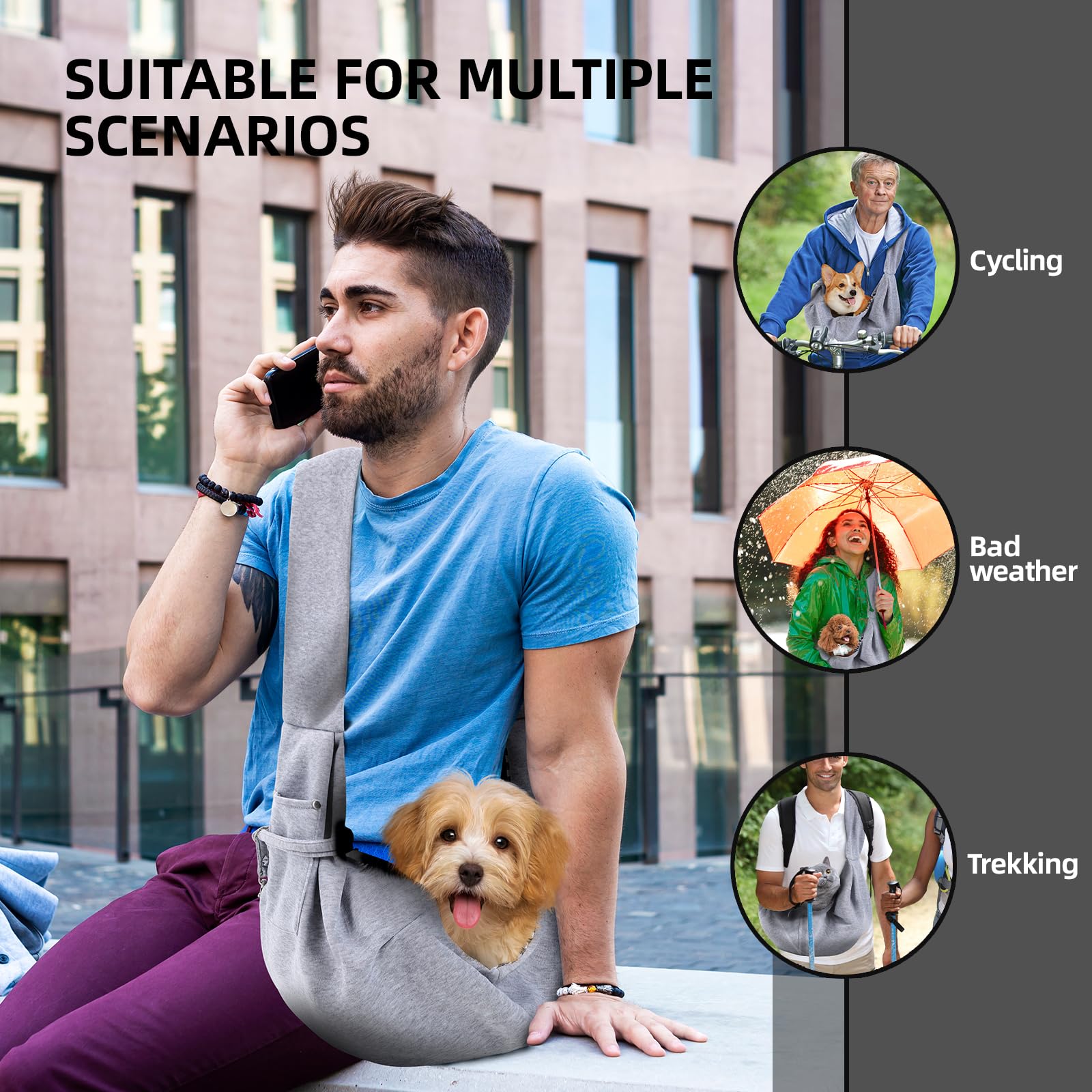 Dog Carrier Sling - Reversible Puppy Carrier Purse With Storage Pocket, Hand-Free Dog Sling Carrier For Carry Small Dogs And Cats, Travel Safety Harness, Dog And Cat Harness (Gray)