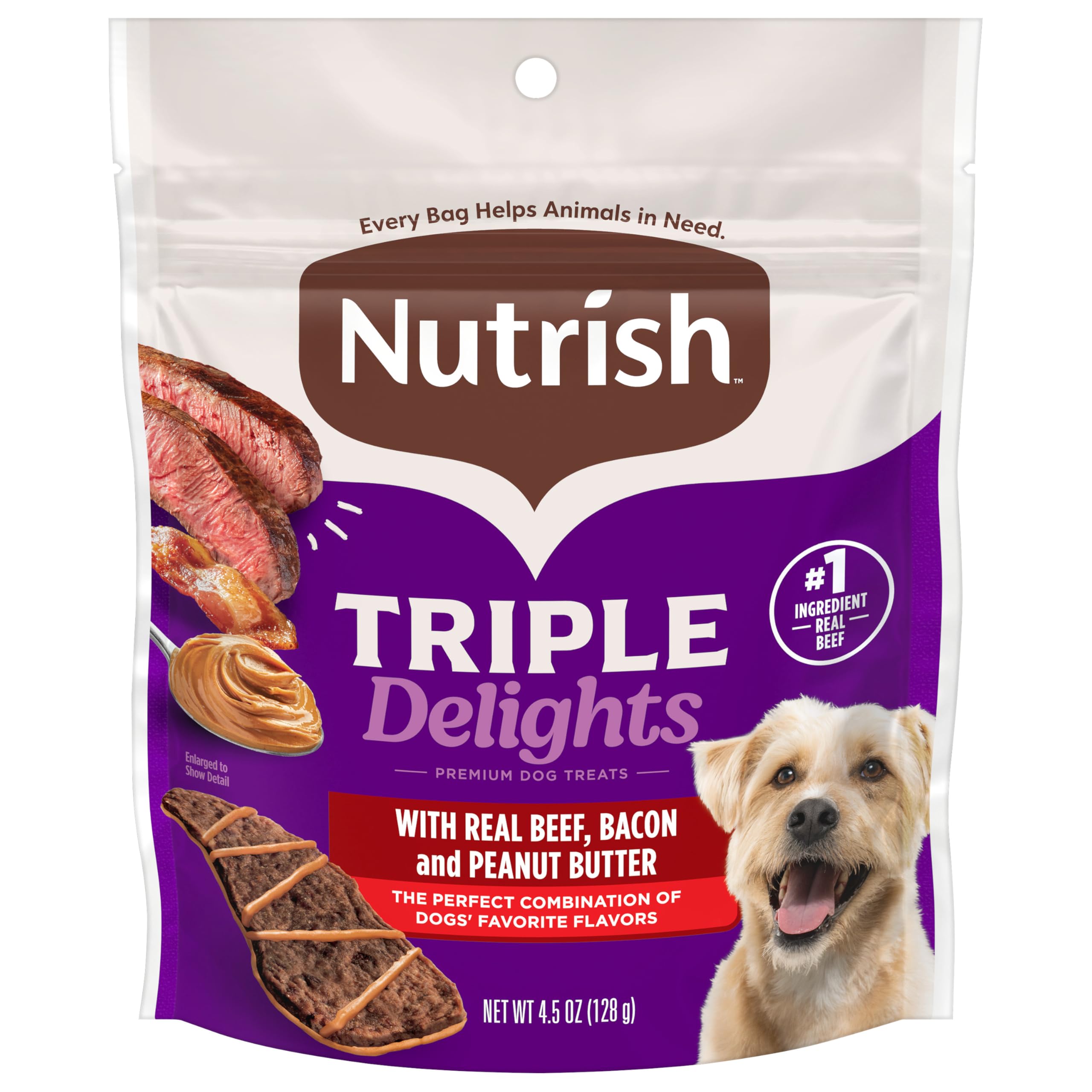 Nutrish Triple Delights Premium Dog Treats with Real Beef, Bacon, and Peanut Butter, 4.5 oz. Pouch, Pack of 5
