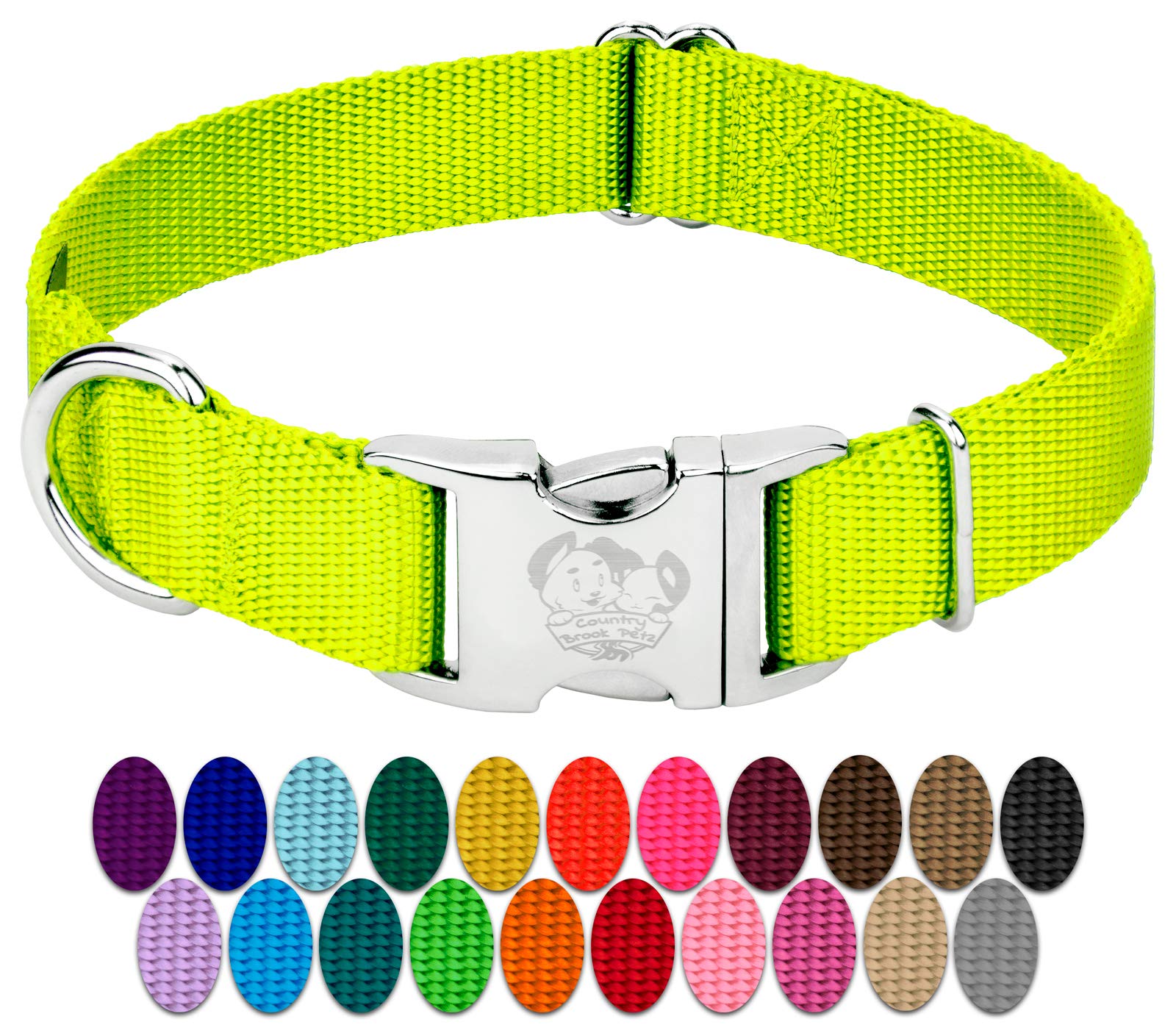 Country Brook Design - Vibrant 30+ Color Selection - Premium Nylon Dog Collar With Metal Buckle (Small, 3/4 Inch Wide, Hot Yellow)