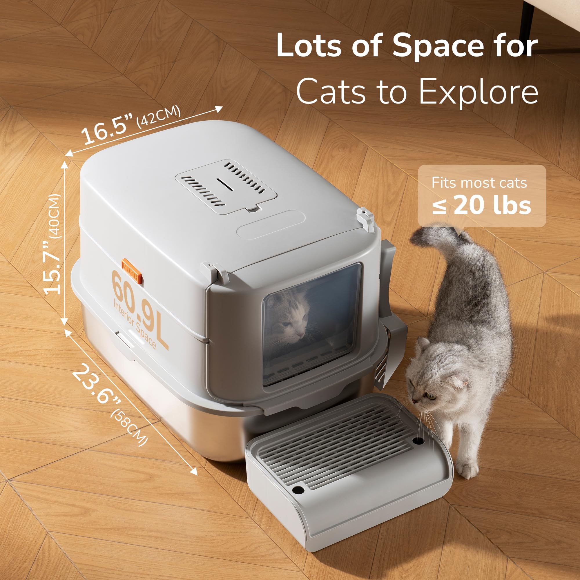 Aupures Stainless Steel Xl Cat Litter Box With Lid & Door Flap, Extra Large Enclosed Metal Litter Box With High Sides, Light Gre