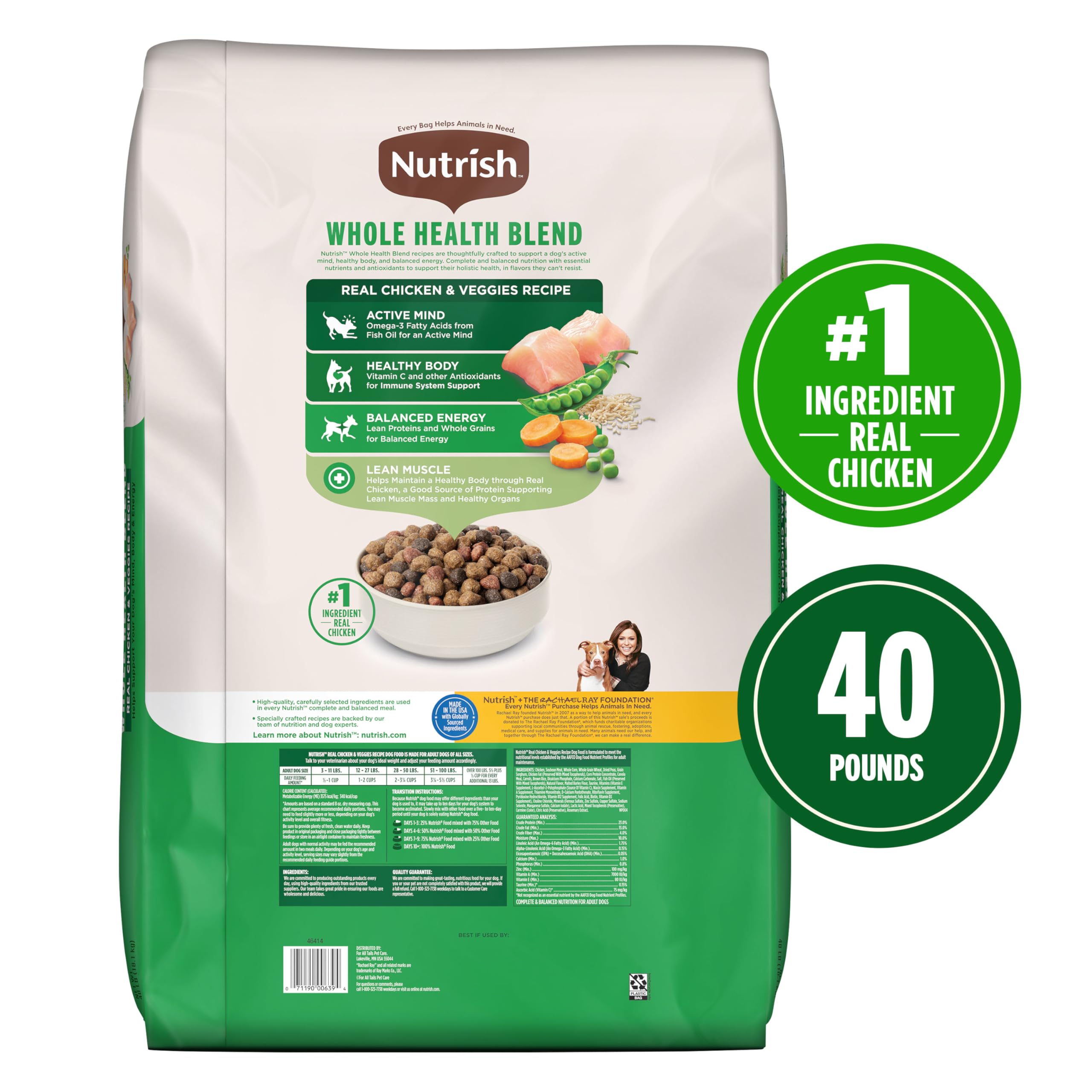 Nutrish Real Chicken & Veggies Recipe Whole Health Blend Dry Dog Food, 40 lb. Bag (Rachael Ray)