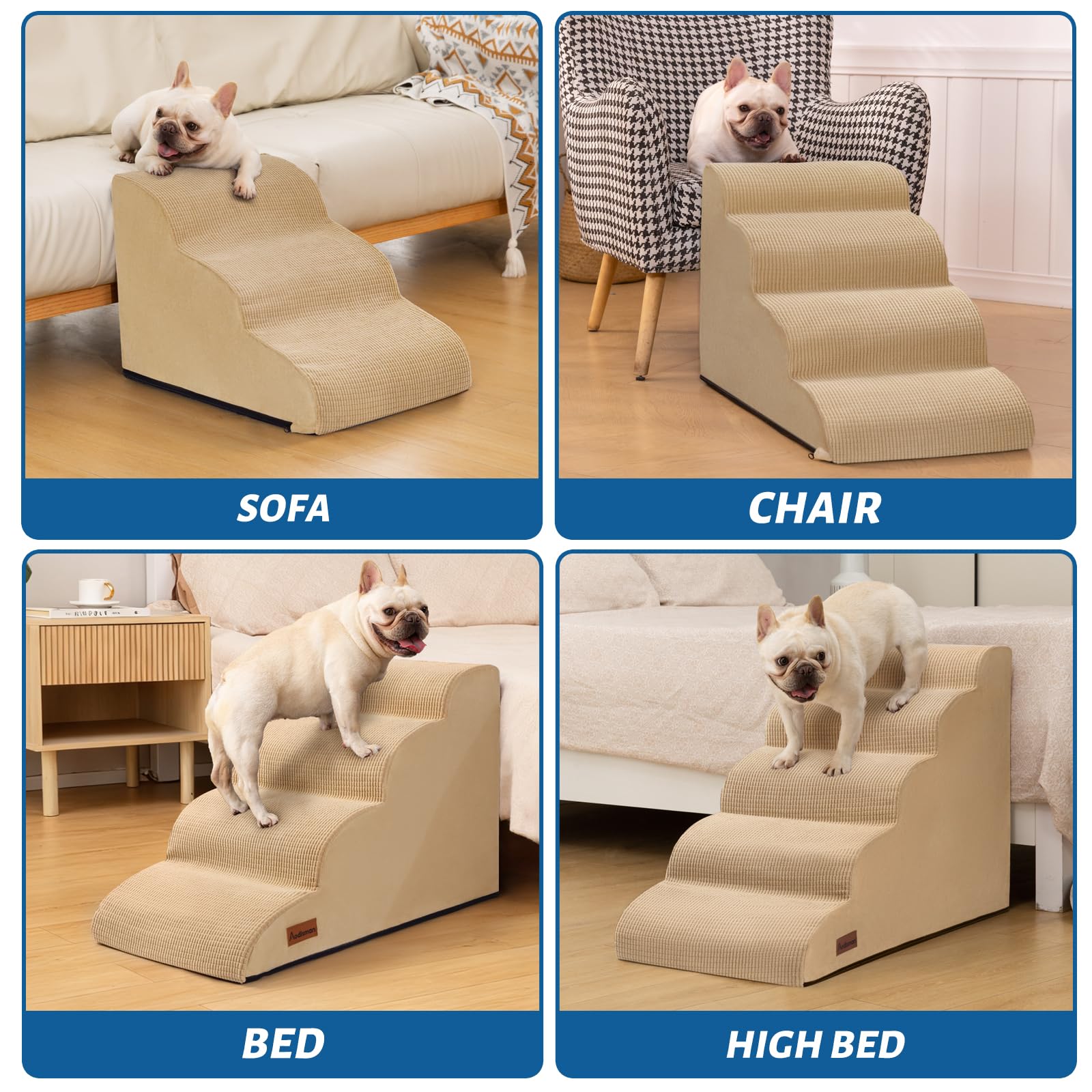 Aodisman 5-Step Dog Stairs and Ramp for High Bed, Non-Slip Sturdy Pet Steps for Small Dogs and Cats,22.2 H,Khaki