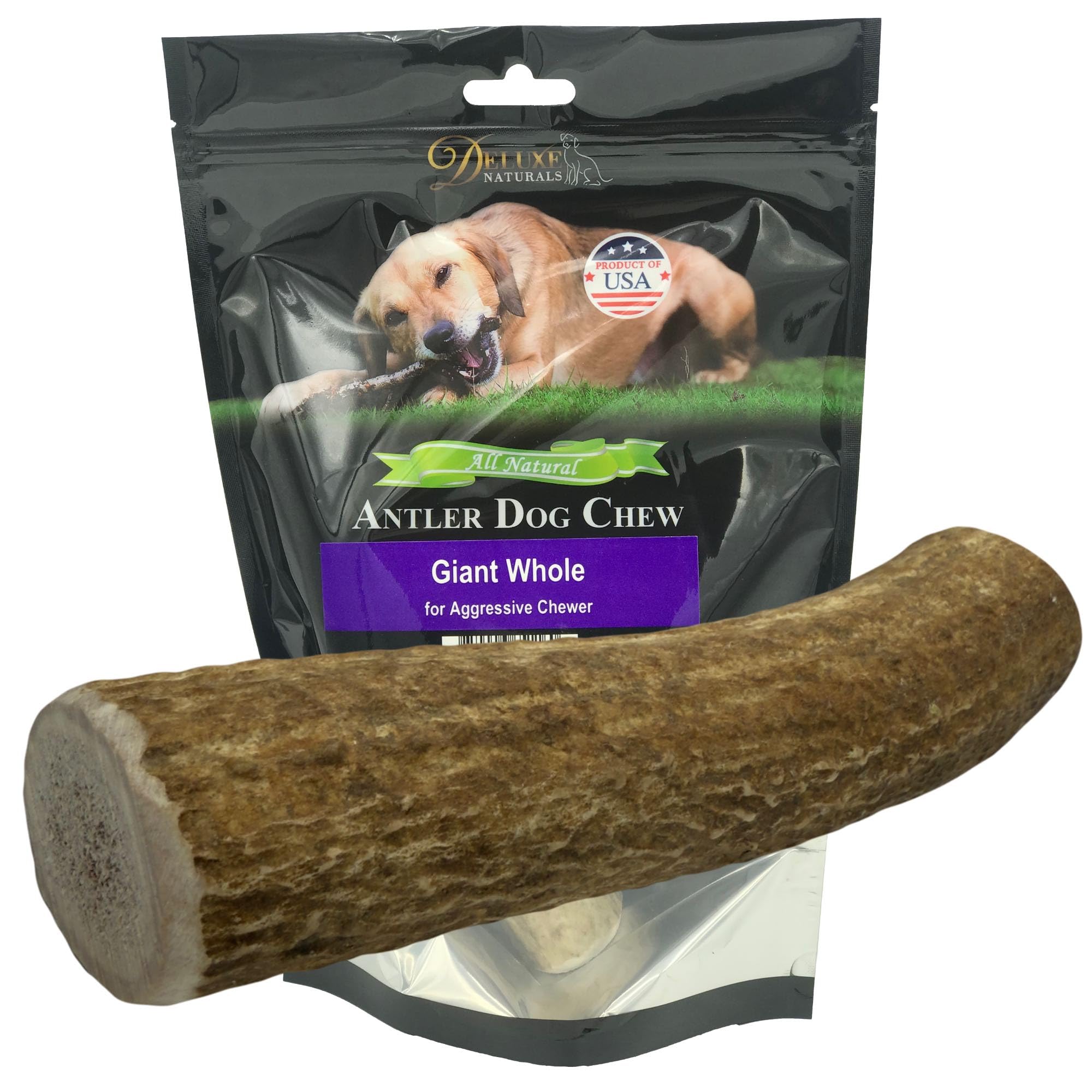 Deluxe Naturals 1-Pack Giant Whole Elk Antler Dog Chews (6 to 10 in) - Long Lasting Dog Bones for Large to Giant Aggressive Chew