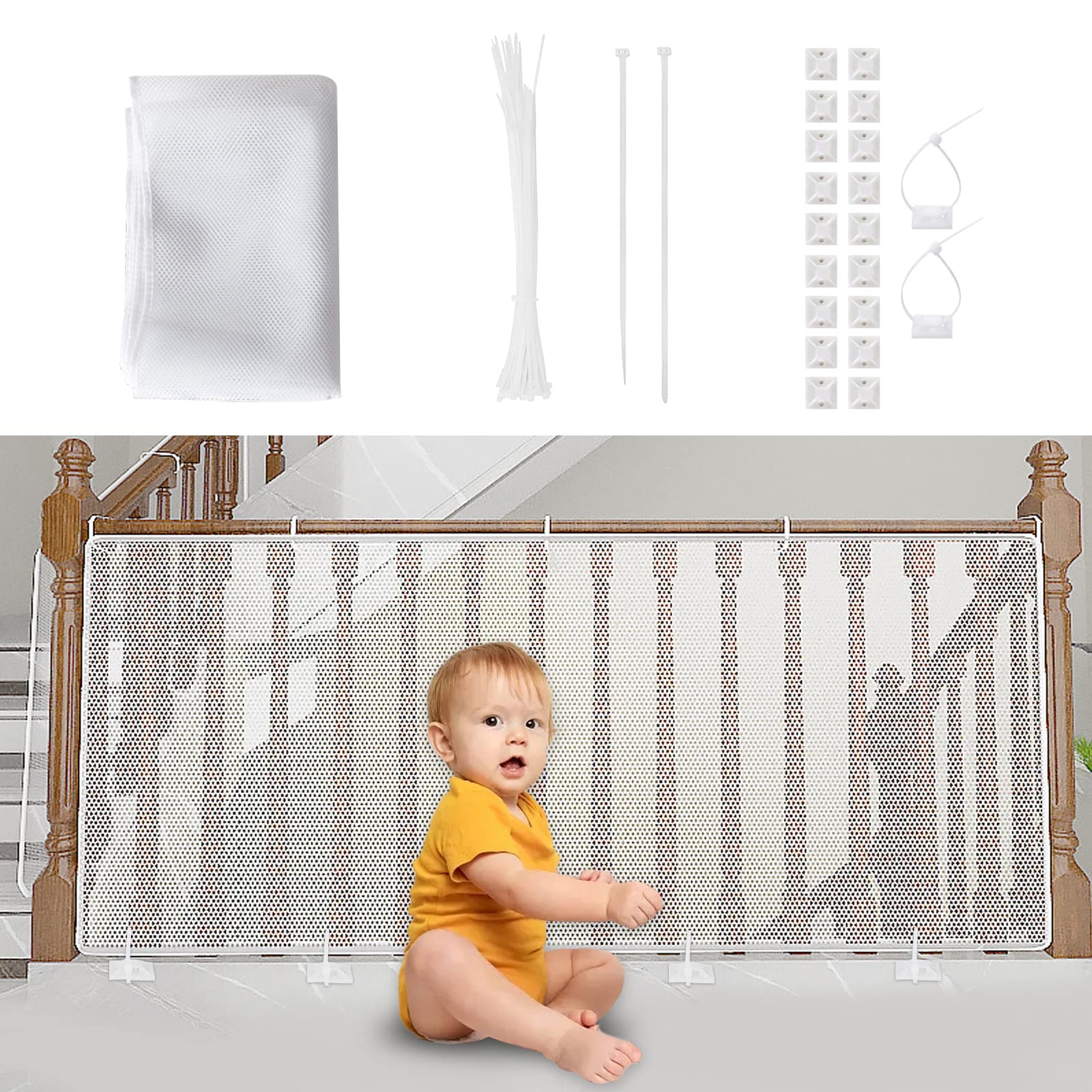Child Safety Net, Durable Banister Guard For Baby Safety Stairs Railing Balcony Cribs, Banister Stair Mesh Baby Proofing, Easy To Install Stair Netting For Kids, Pets, Toys - (10Ft Lx3Ft H) White