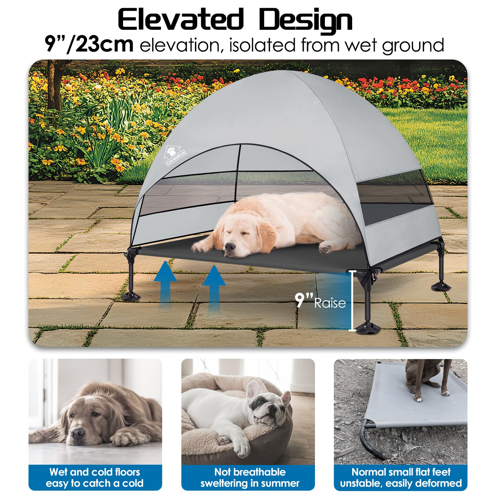 Elevated Dog Bed With Upgraded Canopy, Raised Outdoor Dog Tent With Powerful Anti-Slip Feet, Portable Pet Cot With Larger Shade,