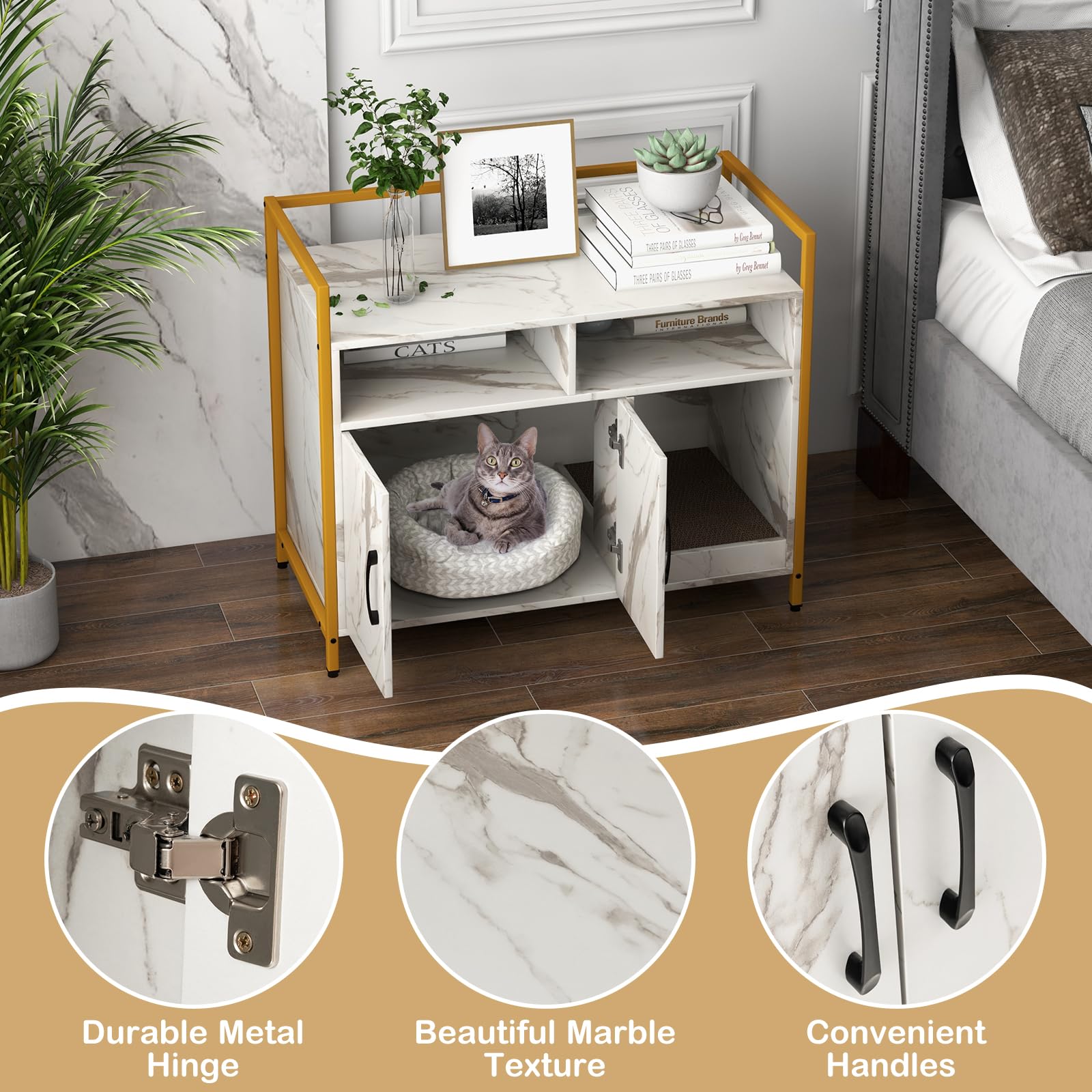 Giantex Cat Litter Box Enclosure - Cat Washroom Hidden Furniture with Front Entry, Scratcher, 2-Door Storage Cabinet, 2 Compartm