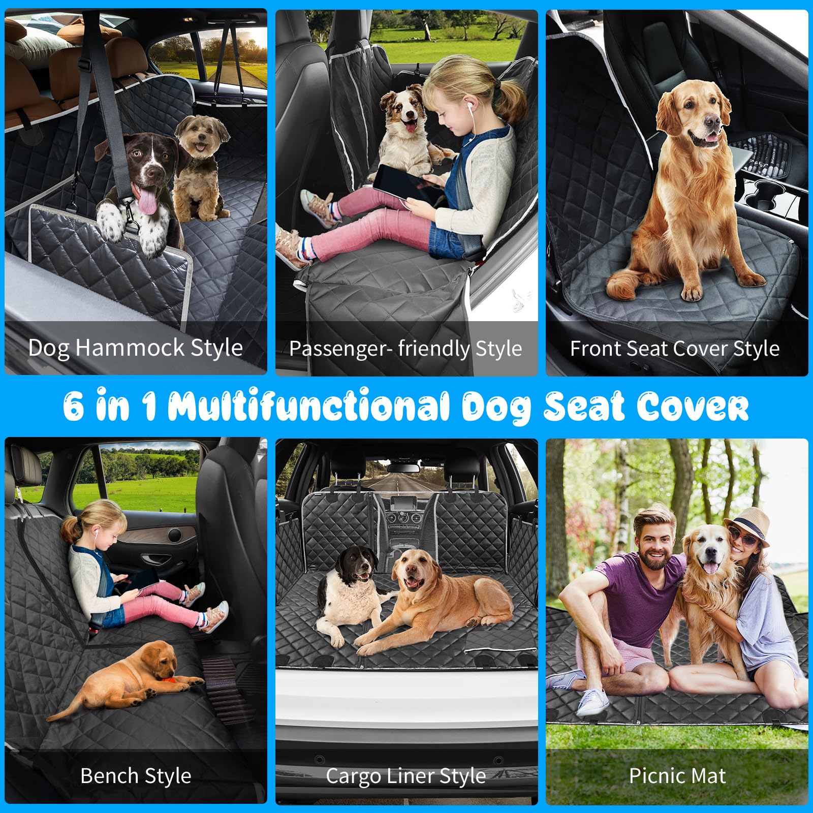 URPOWER Dog Car Seat Cover, Waterproof Hammock for Back Seat, Standard Size 54"x58", Black with Gray, Model SC-025